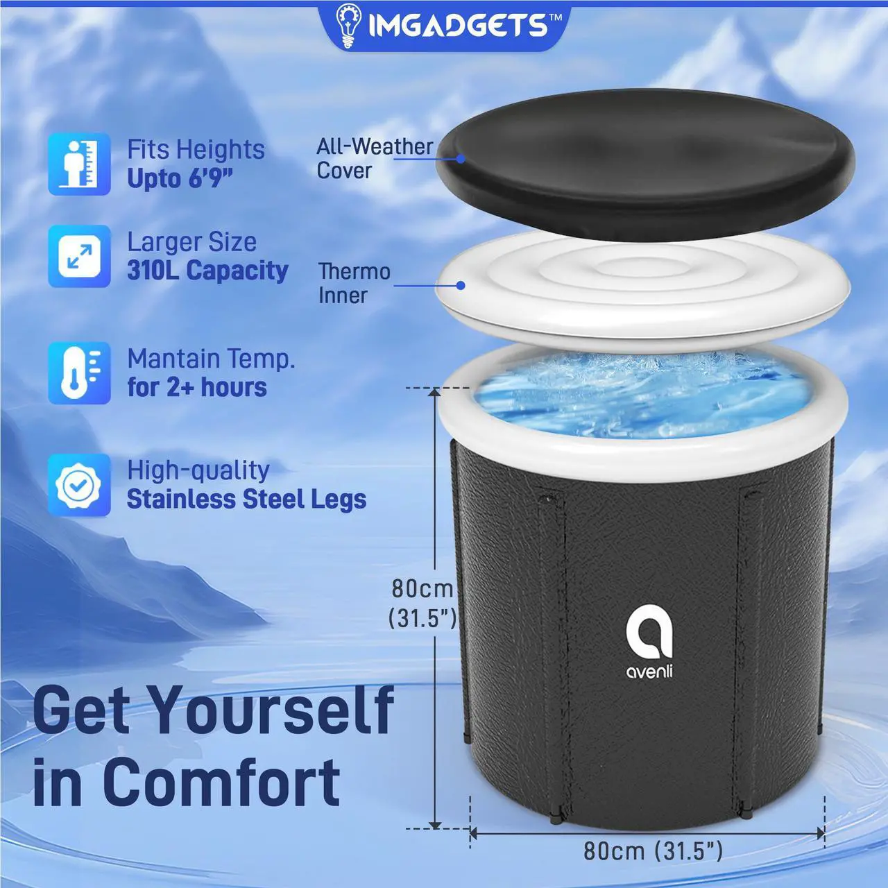 Alt view image 6 of 7 - Avenli Portable Ice Bath Tub | Expanded size  31.5"×31.5" |310L Capacity | Cold Plunge Tub for Recovery | Muscle Relief | Cold Therapy | Easy Setup | Durable LamTech Material | Weather-Resistant