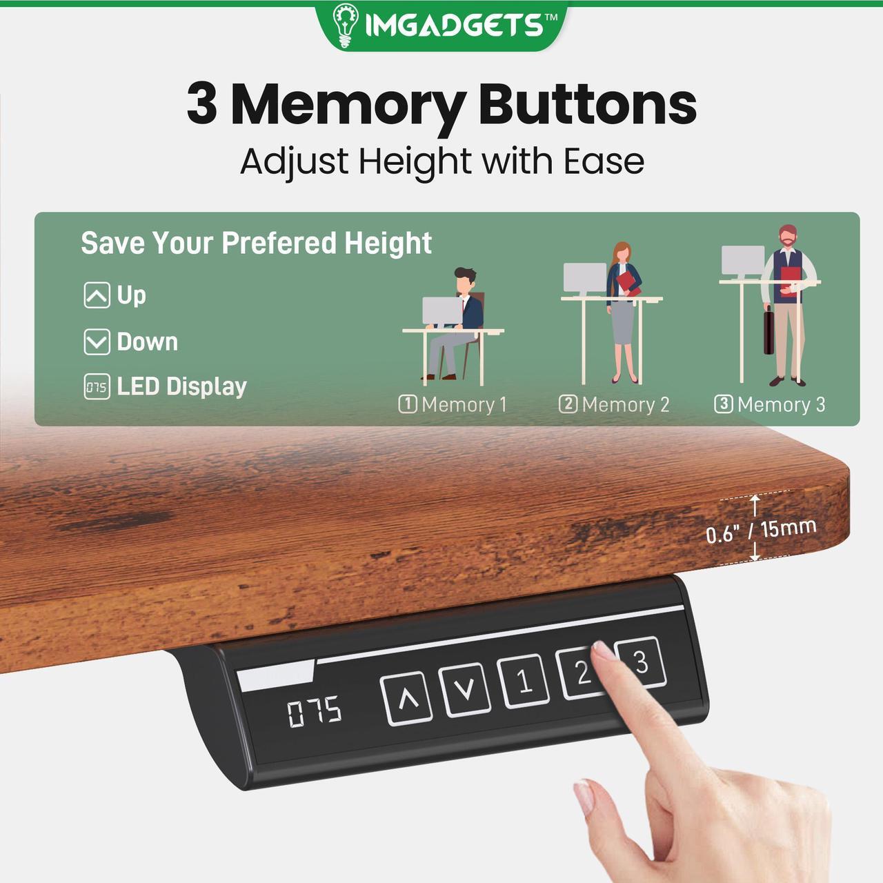 Alt view image 4 of 7 - IMGadgets Standing Electric Adjustable Desk | Large Workspace with 2 hooks | Ergonomic Sit-Stand Desk | 3-Memory Settings | Scratch-Resistant & Waterproof | Quiet Operation <55dB 55" x 24" Brown