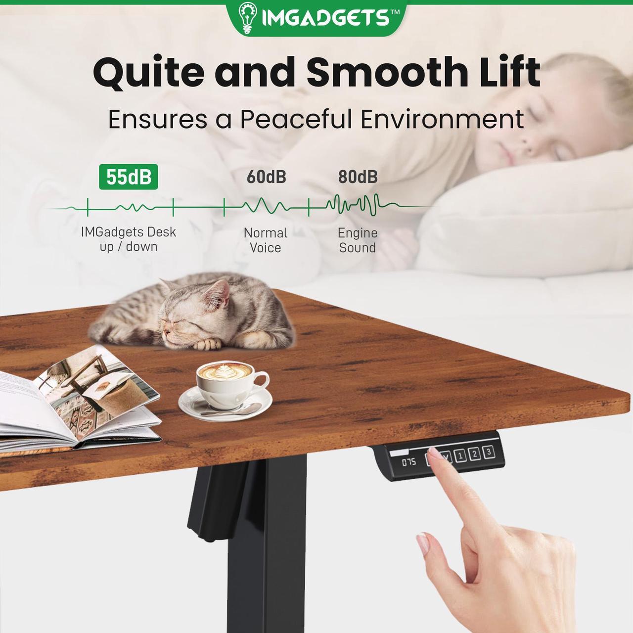Alt view image 6 of 7 - IMGadgets Standing Electric Adjustable Desk | Large Workspace with 2 hooks | Ergonomic Sit-Stand Desk | 3-Memory Settings | Scratch-Resistant & Waterproof | Quiet Operation <55dB 55" x 24" Brown