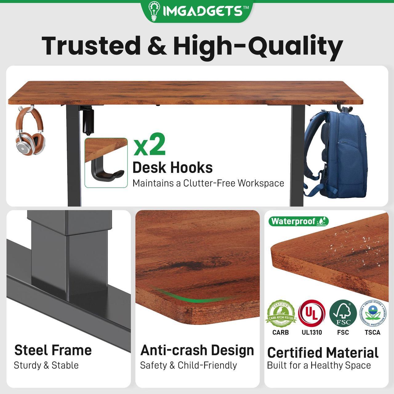 Alt view image 7 of 7 - IMGadgets Standing Electric Adjustable Desk | Large Workspace with 2 hooks | Ergonomic Sit-Stand Desk | 3-Memory Settings | Scratch-Resistant & Waterproof | Quiet Operation <55dB 55" x 24" Brown