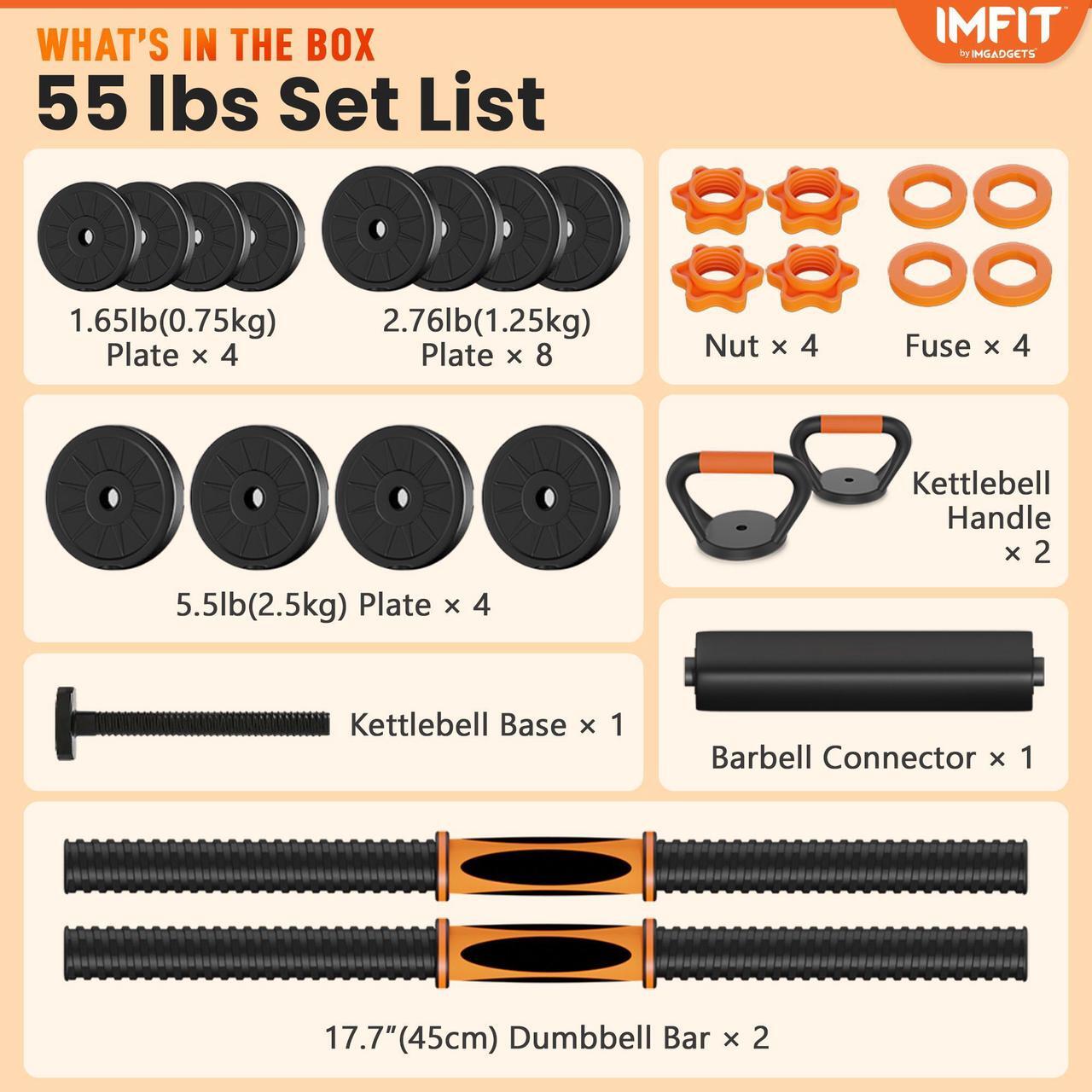 Alt view image 6 of 7 - AIO Weight Adjustable Dumbbells Light (1.65 lbs to 55 lbs), Dumbbells, Barbells, Kettlebell, Push-Up Bars for Full Body Workout and Muscle Toning for home gym