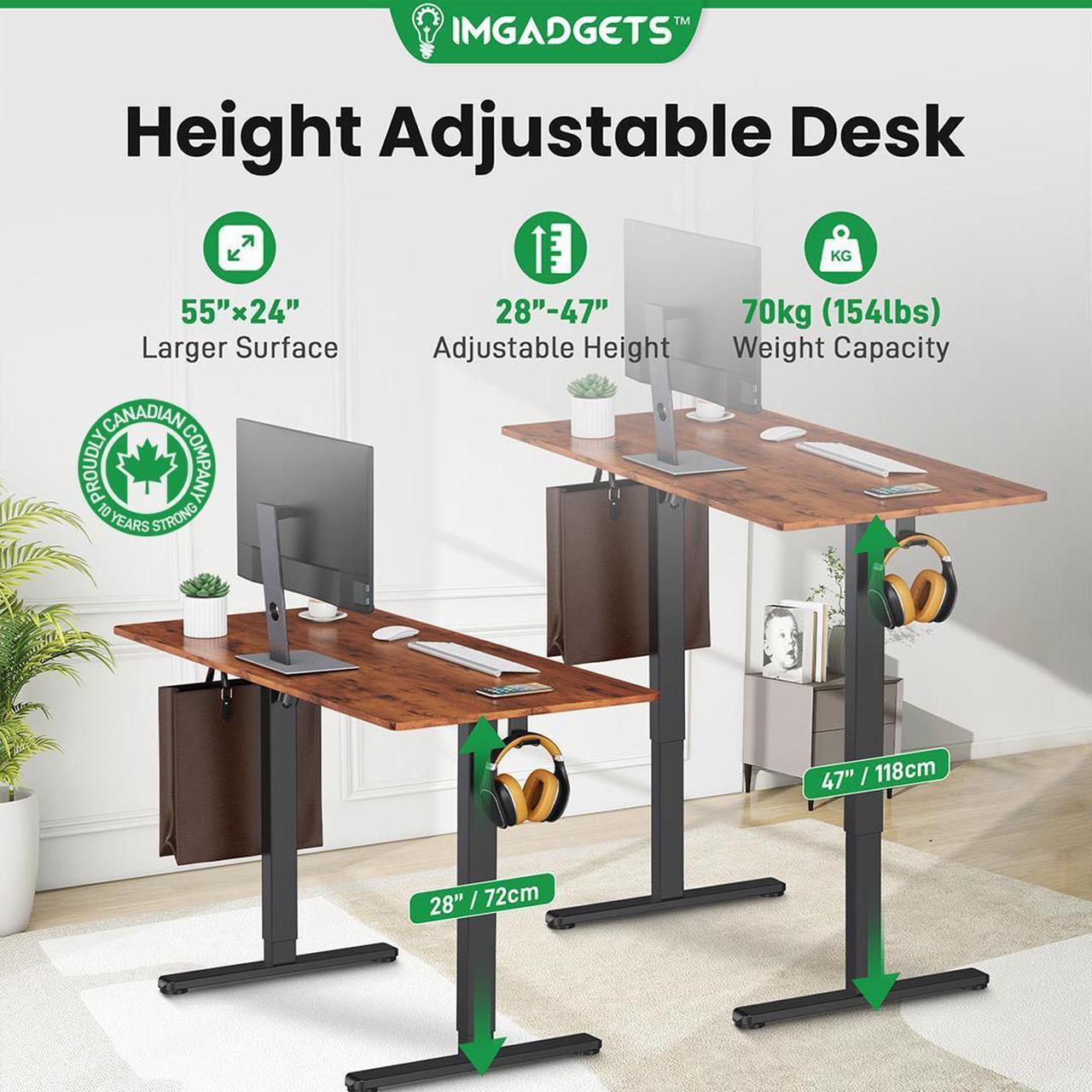 Alt view image 2 of 7 - IMGadgets Standing Electric Adjustable Desk | Large Workspace with 2 hooks | Ergonomic Sit-Stand Desk | 3-Memory Settings | Scratch-Resistant & Waterproof | Quiet Operation <55dB 55" x 24" Brown