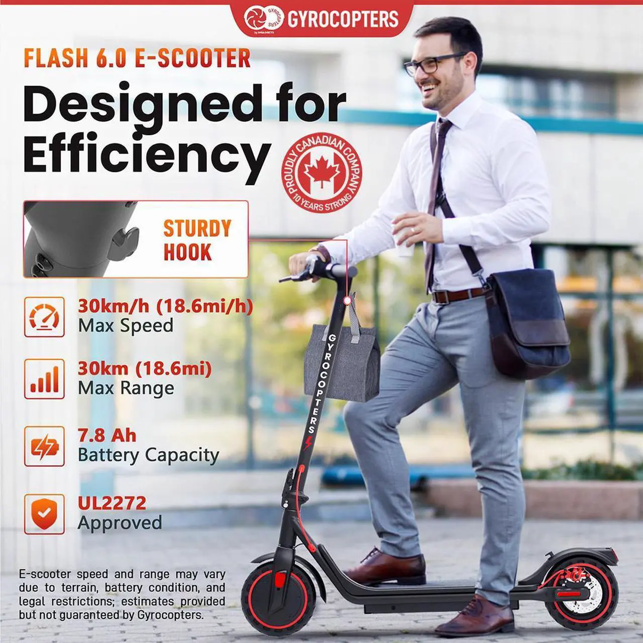 Alt view image 2 of 7 - Gyrocopters Flash 6.0 2025 Electric Scooter Adult & Teens, Sleek Upgraded Design, 8.5 Burst Proof Tires | UL 2272 Approved | Speed 30km/h, Upto 30km, 350W Powerful Brushless Motor | APP integrated
