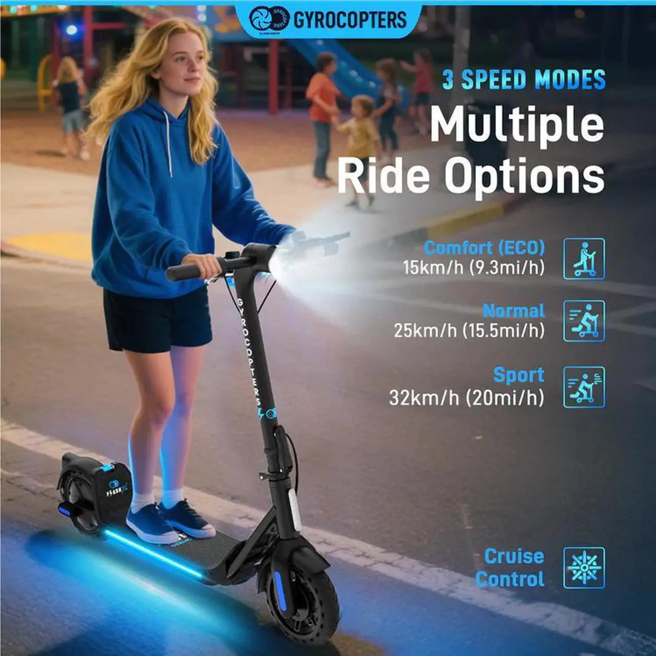Alt view image 6 of 7 - Gyrocopters FlashX Electric Scooter | Powerful Rear Wheel Drive with 32 km/h Speed | 32 km Range | UL2272 Approved | Smart App Control | Foldable & Light-weight | Puncture-Proof Tires | Cruise Control