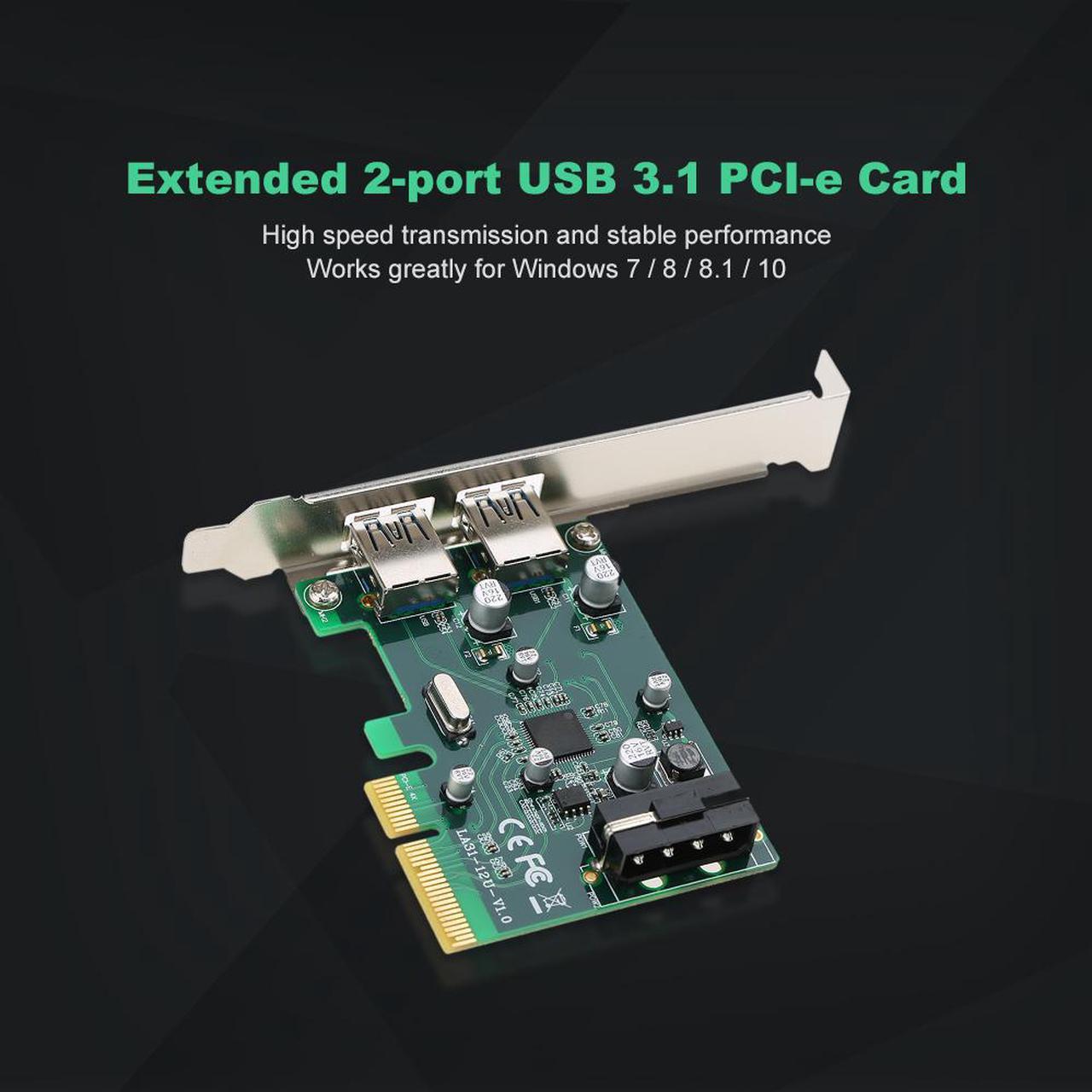 PCI-E to 2-Port USB3.1 Type A PCI Express Expansion Card USB 3.1 Hub Controller Adapter Superspeed 10 Gbps 4Pin Asmedia Chipset