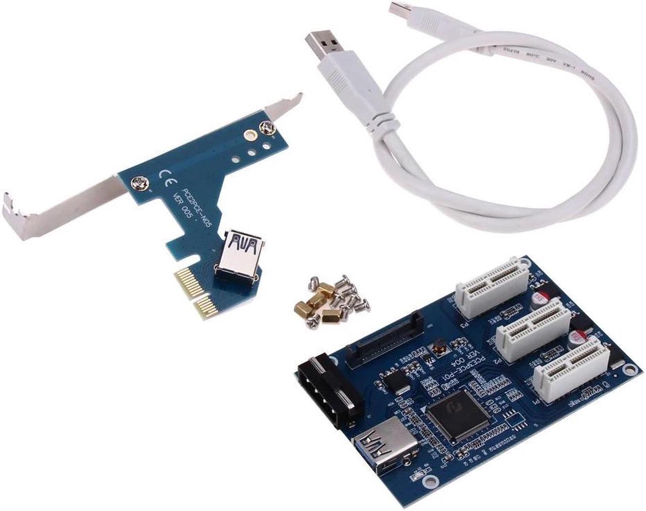 3 in 1 PCI-E 1 to 3 PCI Express 1X Slot Riser Card Expansion Adapter PCIe Port Multiplier Card w/ High Speed USB 3.0 Cable Cord