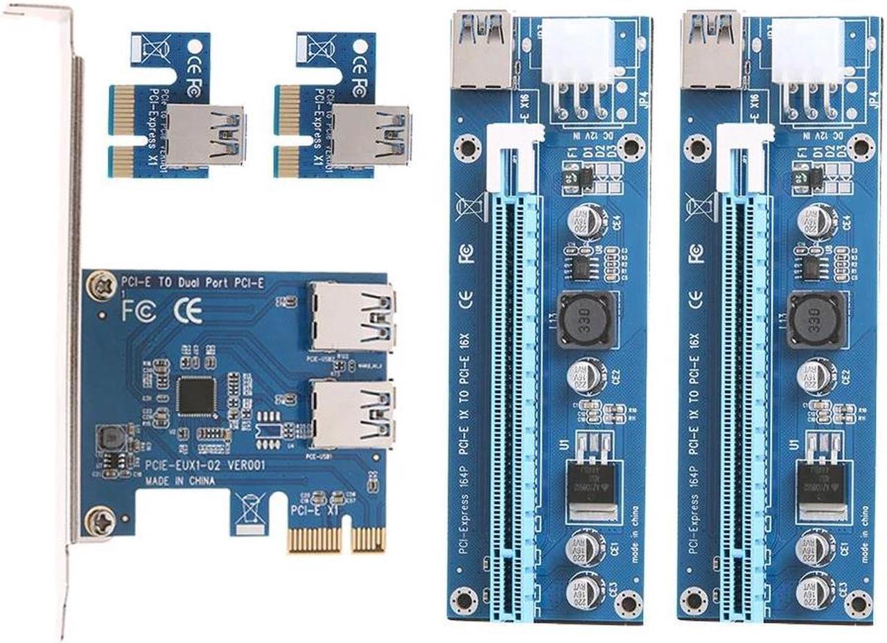 add on card PCI-E 1 to 2 PCI Express 1X Slots Riser Card w/ 2pcs 6pin Riser Card USB 3.0 Cable SATA 15-6pin Power PCIe Port Multiplier Card