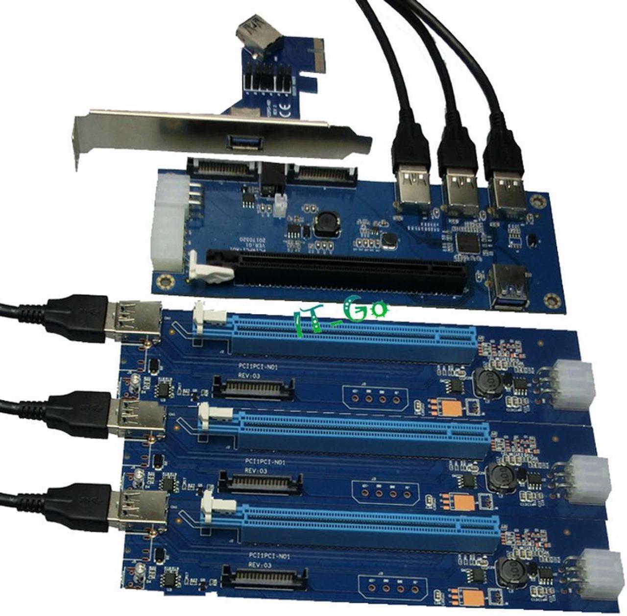 PCI-E 1X Expansion Kit 1 to 4 Ports Switch PCIe x16 slots Multiplier Hub Riser Card USB 3.0