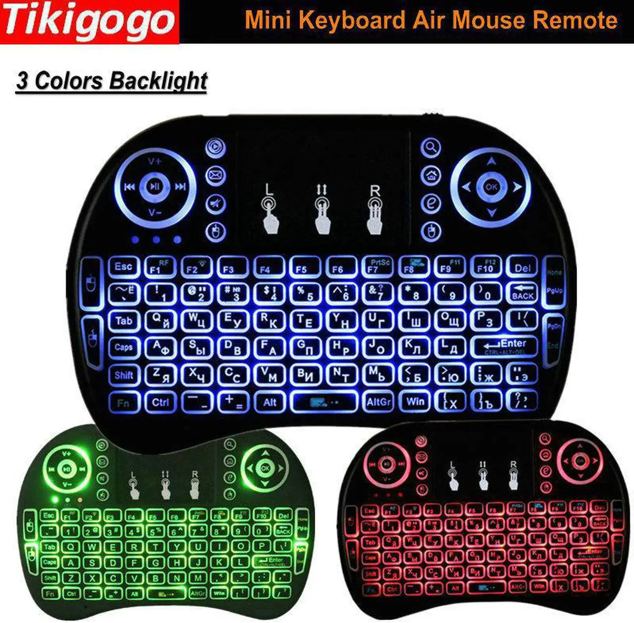 Main image of Tikigogo Russian English Spanish Backlit i8 Backlight Wireless mini keyboard air mouse remote control for Android Smart TV Box