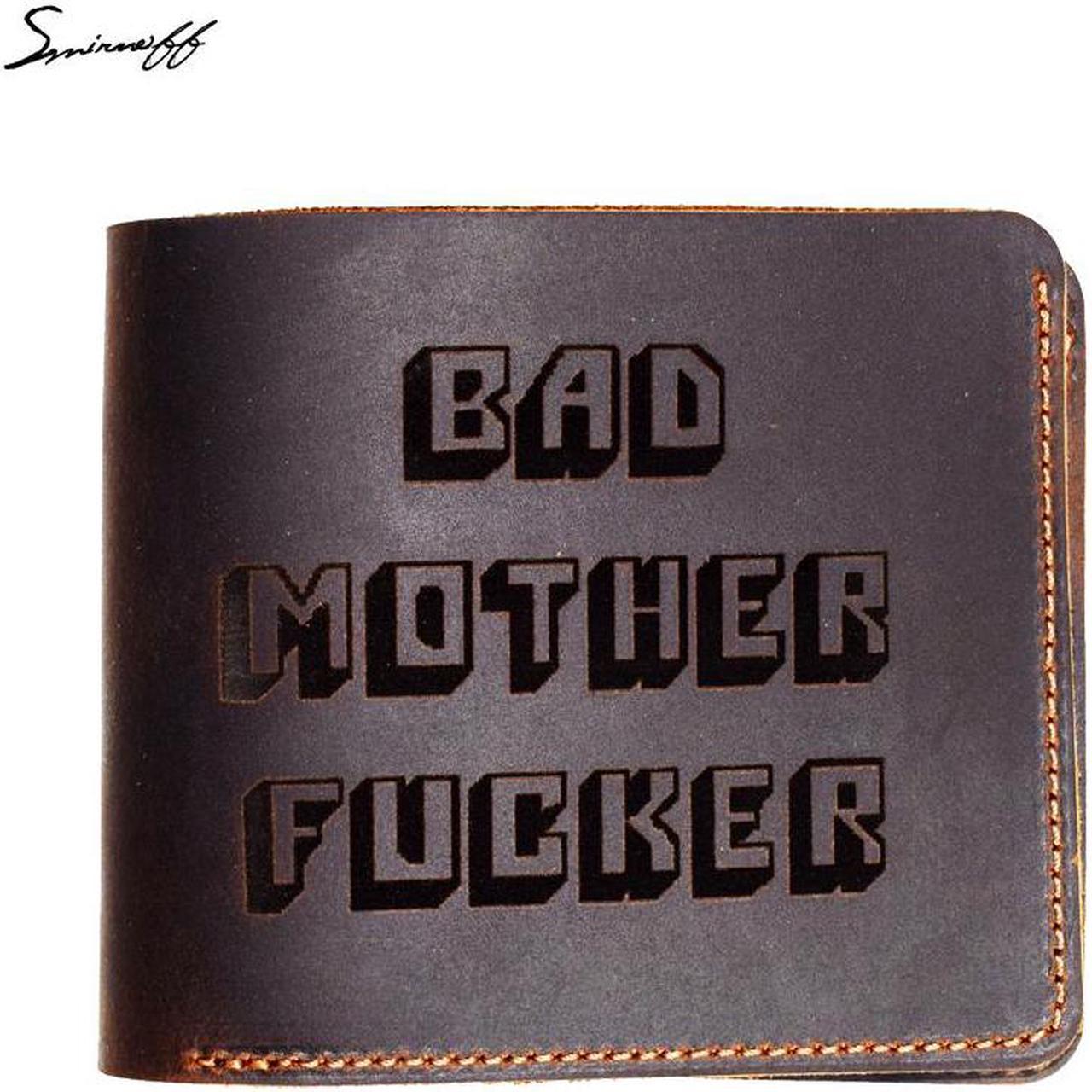 Leather Men Wallet Creative laser engraved Bad Mother Letters Vintage Card Holder Purse Short Wallet Men