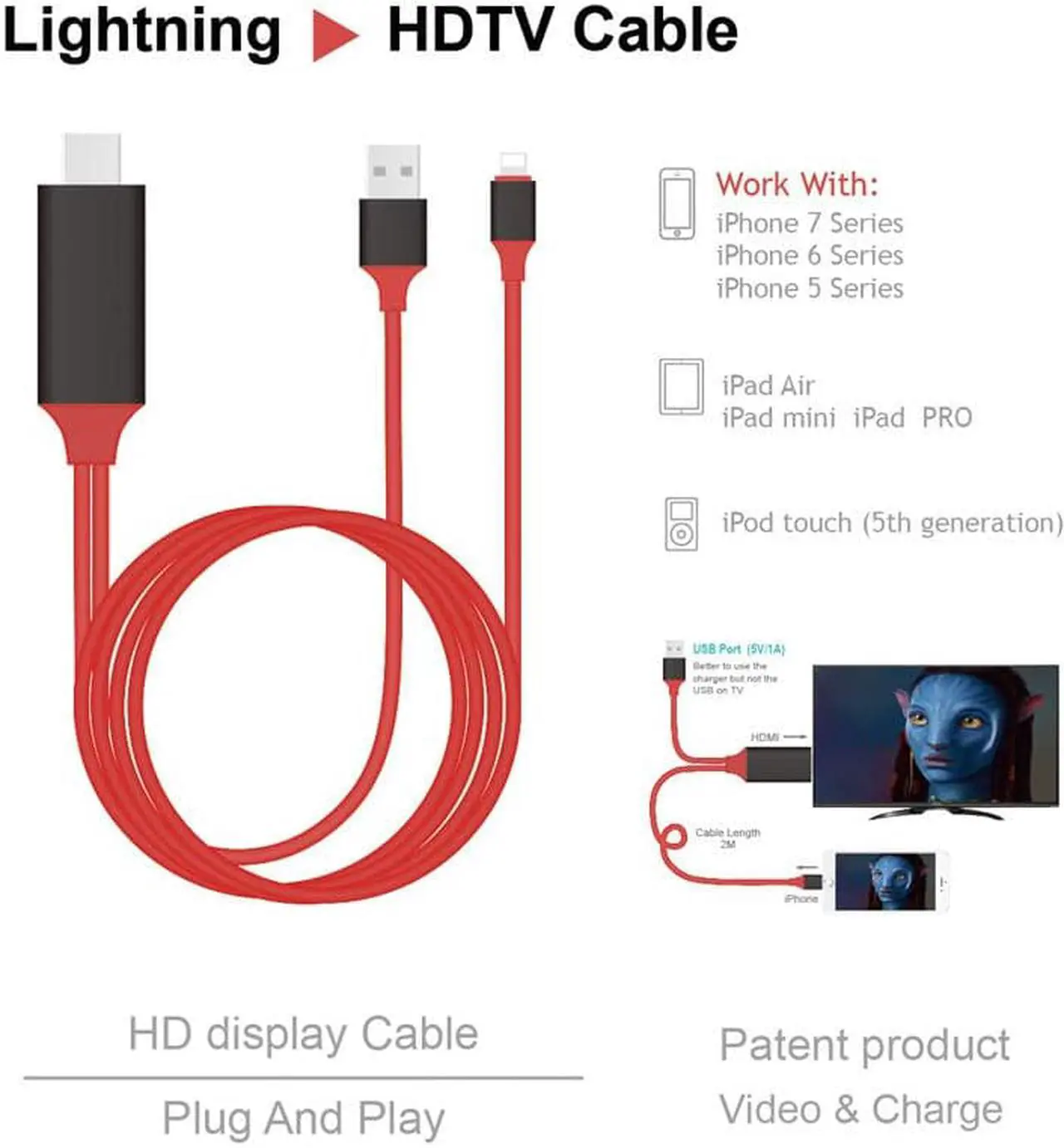 Alt view image 2 of 6 - MHL Cable for iPhone for  to Projector/TV 2M MHL To HDMI Cable 1080P HDTV Cable Adapter For iphone X