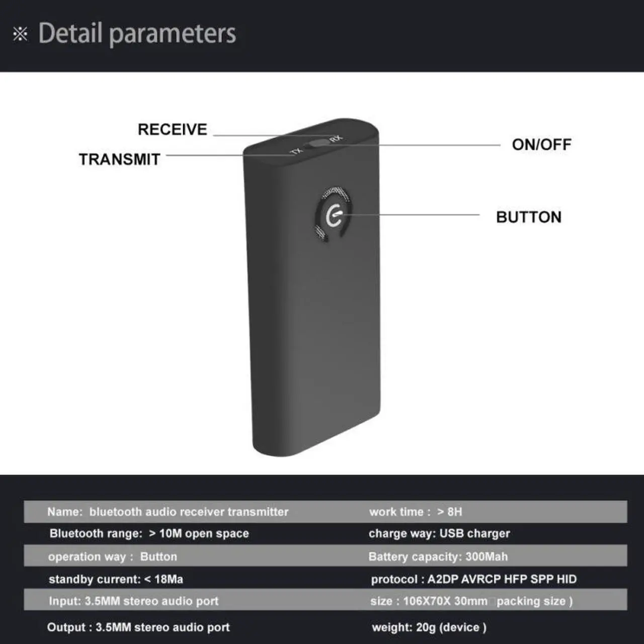 Alt view image 6 of 6 - Wireless Audio Adapter Output for Headphones TV Computer 2 in 1 Portable 3.5mm Stereo Bluetooth Transmitter Receiver