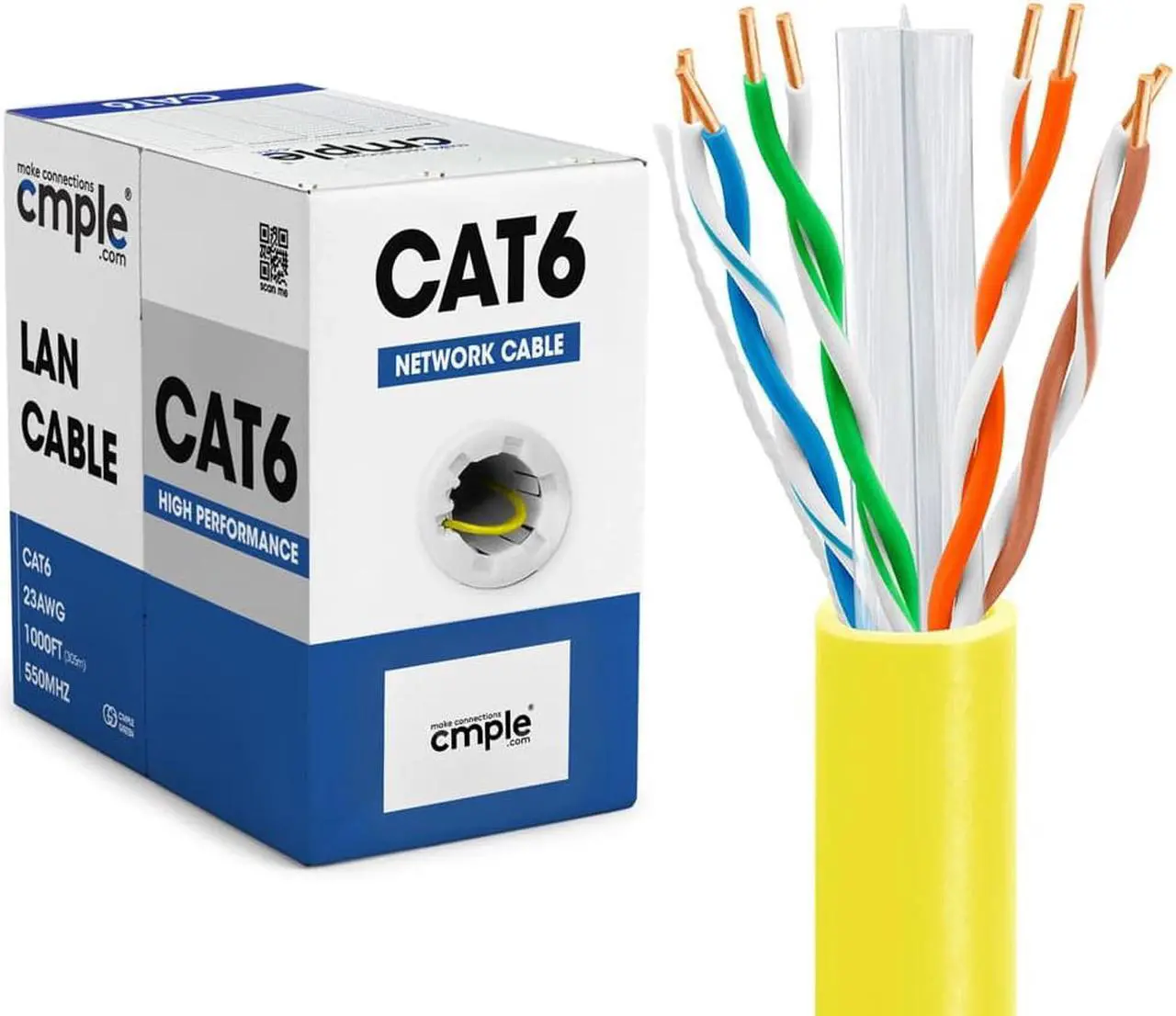 Main image of Cmple - Cat6 Cable 1000ft Bulk Lan Ethernet Cat 6 Wire Network UTP 23AWG CMR Riser 10 Gbps 550 MHz Pull Box 1000 Feet, Yellow
