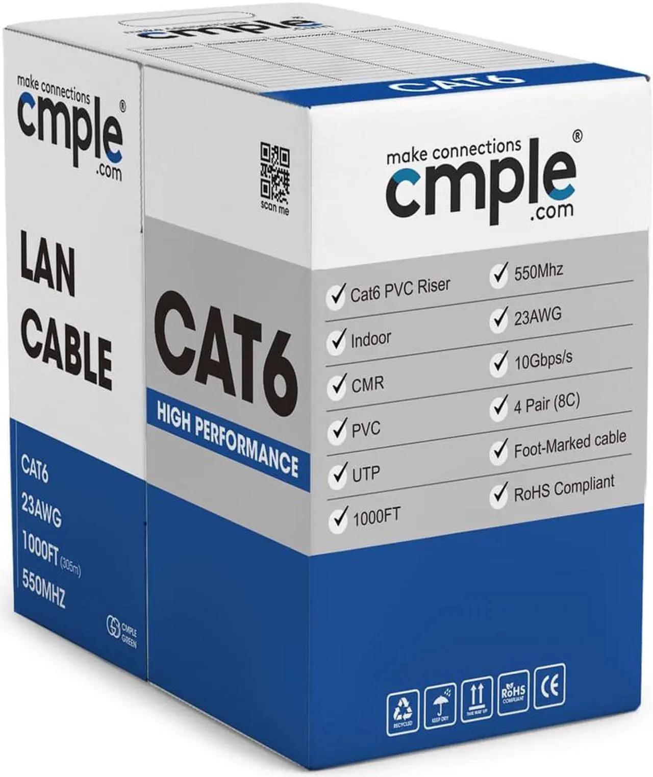 Alt view image 4 of 6 - Cmple - Cat6 Cable 1000ft Bulk Lan Ethernet Cat 6 Wire Network UTP 23AWG CMR Riser 10 Gbps 550 MHz Pull Box 1000 Feet, Yellow
