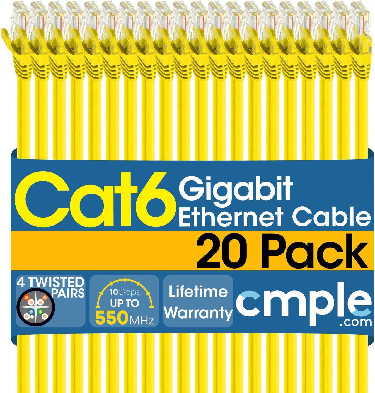 Main image of Cmple - [20 PACK] 15 Feet Cat6 Ethernet Cable, Network Patch Cord, 550 MHz 10 Gbps Cat6 Internet Wire, Computer LAN Cable with RJ-45 Connectors - Yellow