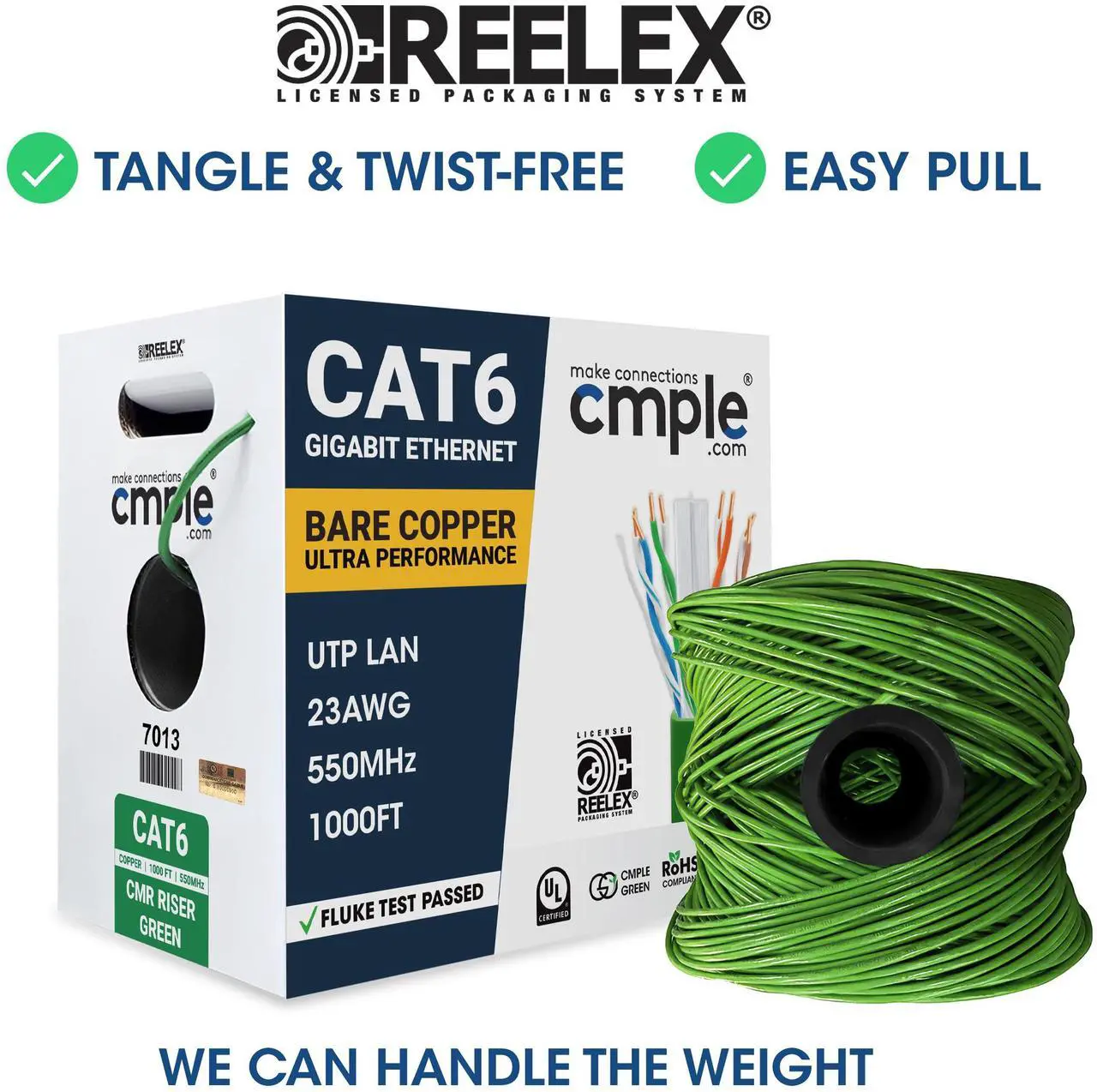 Alt view image 3 of 6 - Cmple - Cat 6 Cable 1000ft, 23 AWG Bare Copper Wire CMR Riser Cat6 Ethernet Cable, (UTP) Unshielded Twisted Pair, Gigabit Ethernet Cord, 550Mhz, PoE++, Reelex Box - Green