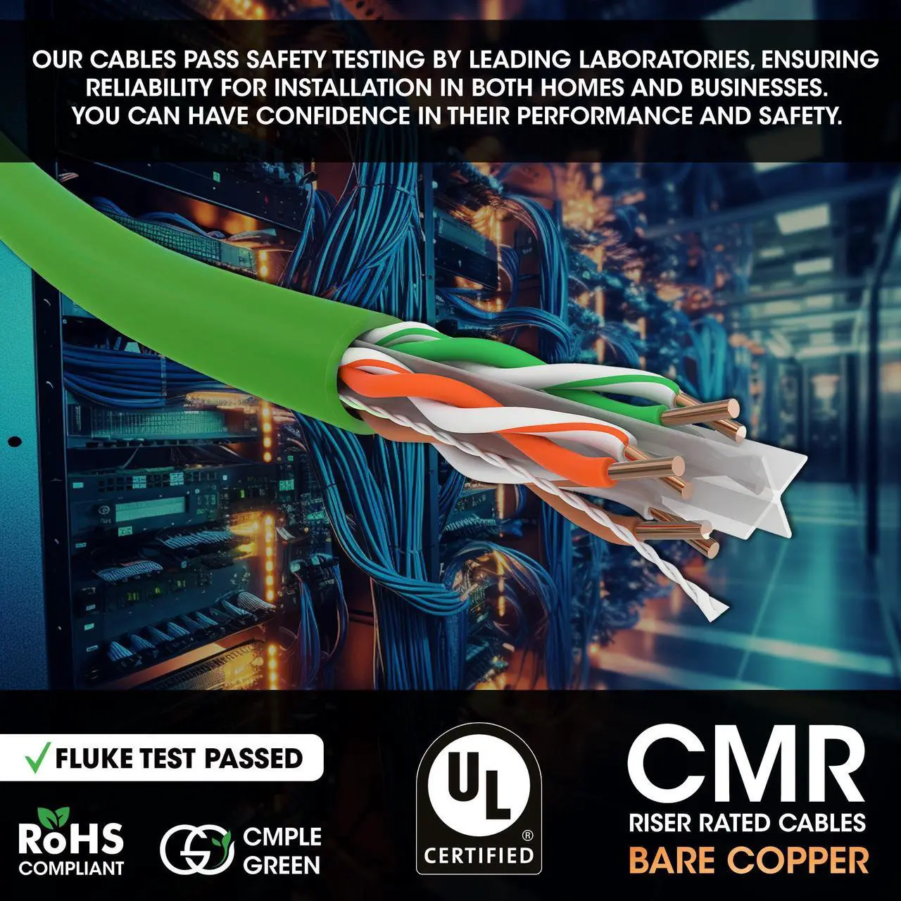 Alt view image 6 of 6 - Cmple - Cat 6 Cable 1000ft, 23 AWG Bare Copper Wire CMR Riser Cat6 Ethernet Cable, (UTP) Unshielded Twisted Pair, Gigabit Ethernet Cord, 550Mhz, PoE++, Reelex Box - Green