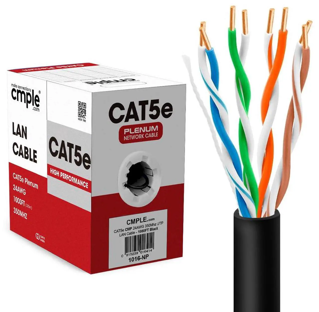 Main image of Cmple - Cat5e Plenum Cable 1000ft, CMP, Black 350MHz Gigabit Ethernet Solid Network Internet Bulk UTP