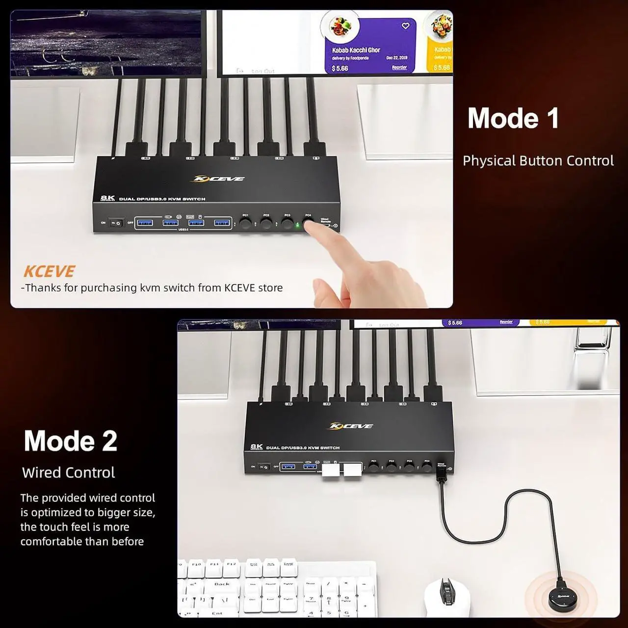 Alt view image 5 of 7 - 8K@30Hz Displayport KVM Switch 4 in 2 Out, Dual Monitors Displayport USB 3.0 KVM Switcher for 4 Computers Share 2 Monitors, Keyboard and Mouse, Wired Remote and USB Cables Included