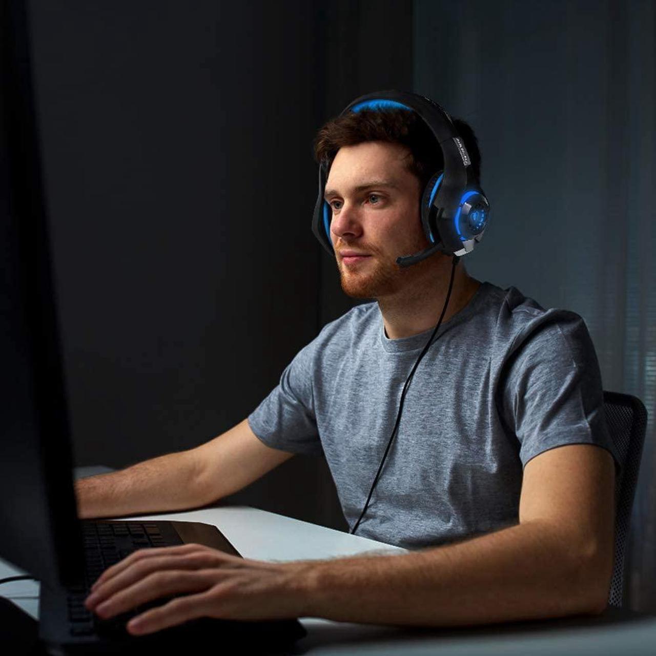Alt view image 6 of 7 - Gaming Headset for PS4, Xbox One Controller, PC, Over Ear Headphones with Noise Cancelling Mic, Soft Memory Earmuffs, LED Light, Stereo Bass Surround Sound for Nintendo Switch Laptop Mac