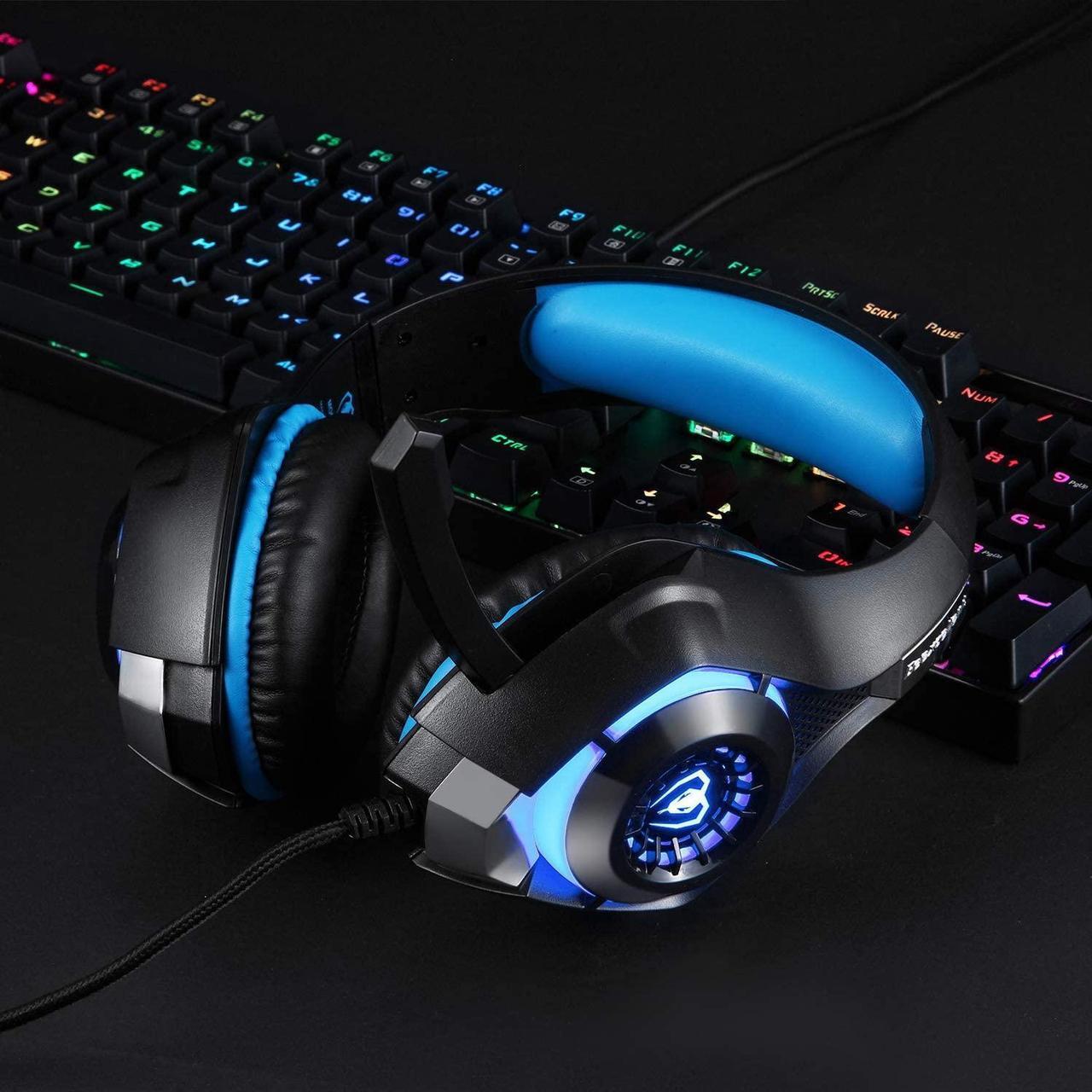 Alt view image 7 of 7 - Gaming Headset for PS4, Xbox One Controller, PC, Over Ear Headphones with Noise Cancelling Mic, Soft Memory Earmuffs, LED Light, Stereo Bass Surround Sound for Nintendo Switch Laptop Mac