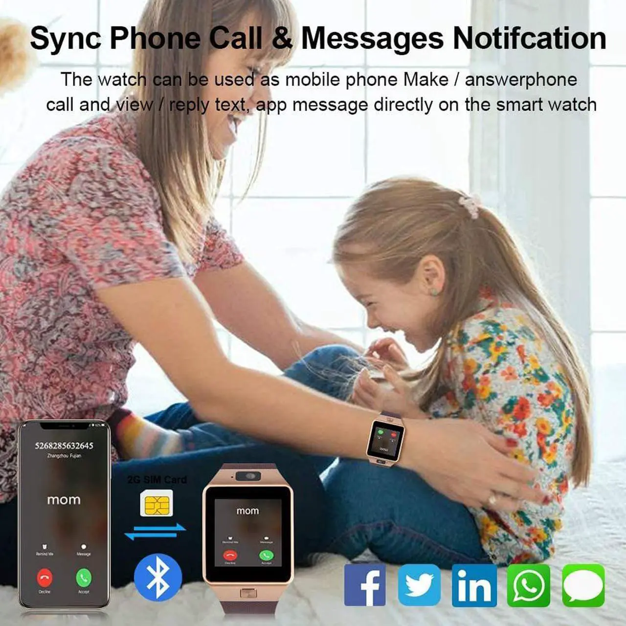 Alt view image 2 of 7 - Bluetooth Smartwatch, Touchscreen Wrist Smart Phone Watch Sports Fitness Tracker with SIM SD Card Slot Camera Pedometer Compatible with iPhone iOS Android for Kids Men Women