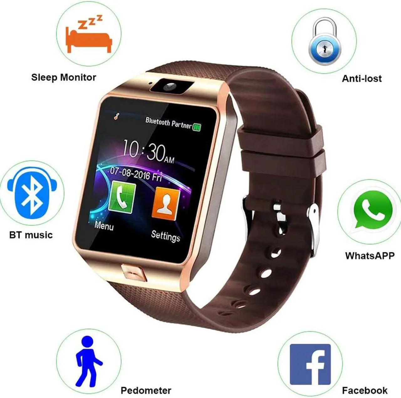 Alt view image 4 of 7 - Bluetooth Smartwatch, Touchscreen Wrist Smart Phone Watch Sports Fitness Tracker with SIM SD Card Slot Camera Pedometer Compatible with iPhone iOS Android for Kids Men Women