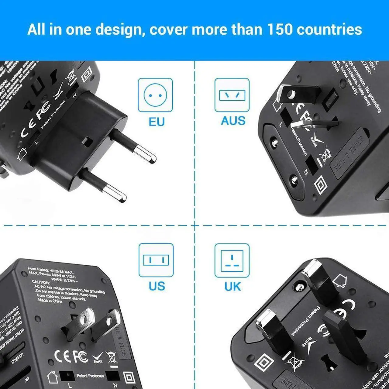 Alt view image 2 of 7 - Worldwide Travel Adapter, International Power Adapter with 4 USB Ports 1 Type C Port for Cell Phone, Laptop, Tablet, Universal All in One AC Outlet for US, EU, UK, AUS 150+ Countries, Black