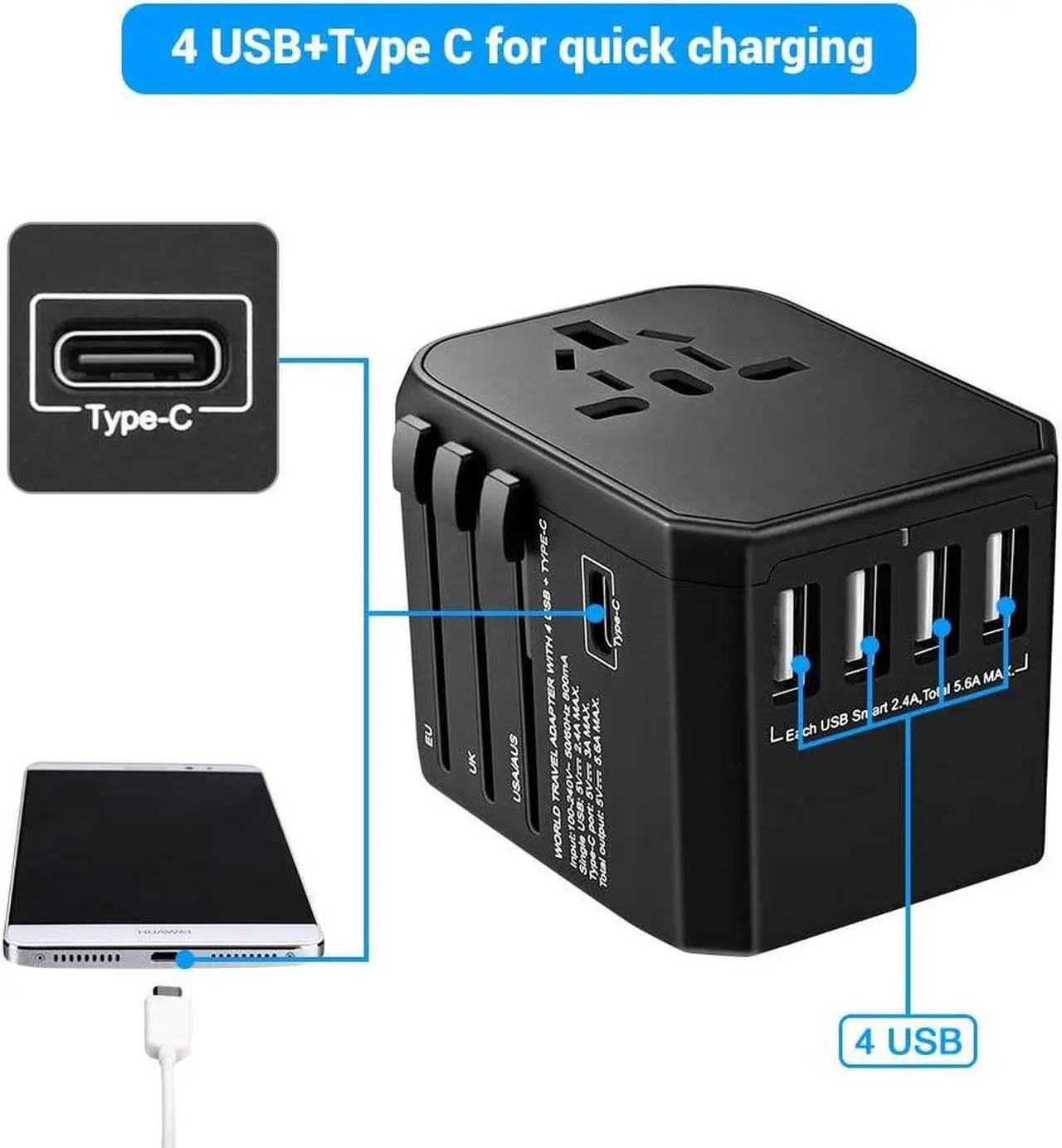 Alt view image 3 of 7 - Worldwide Travel Adapter, International Power Adapter with 4 USB Ports 1 Type C Port for Cell Phone, Laptop, Tablet, Universal All in One AC Outlet for US, EU, UK, AUS 150+ Countries, Black