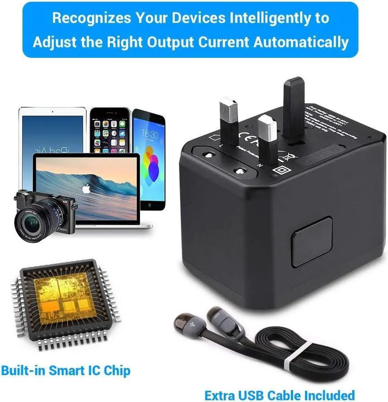 Alt view image 4 of 7 - Worldwide Travel Adapter, International Power Adapter with 4 USB Ports 1 Type C Port for Cell Phone, Laptop, Tablet, Universal All in One AC Outlet for US, EU, UK, AUS 150+ Countries, Black