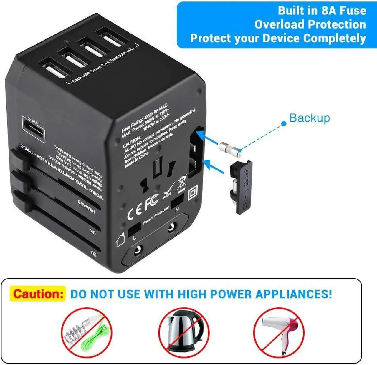 Alt view image 6 of 7 - Worldwide Travel Adapter, International Power Adapter with 4 USB Ports 1 Type C Port for Cell Phone, Laptop, Tablet, Universal All in One AC Outlet for US, EU, UK, AUS 150+ Countries, Black