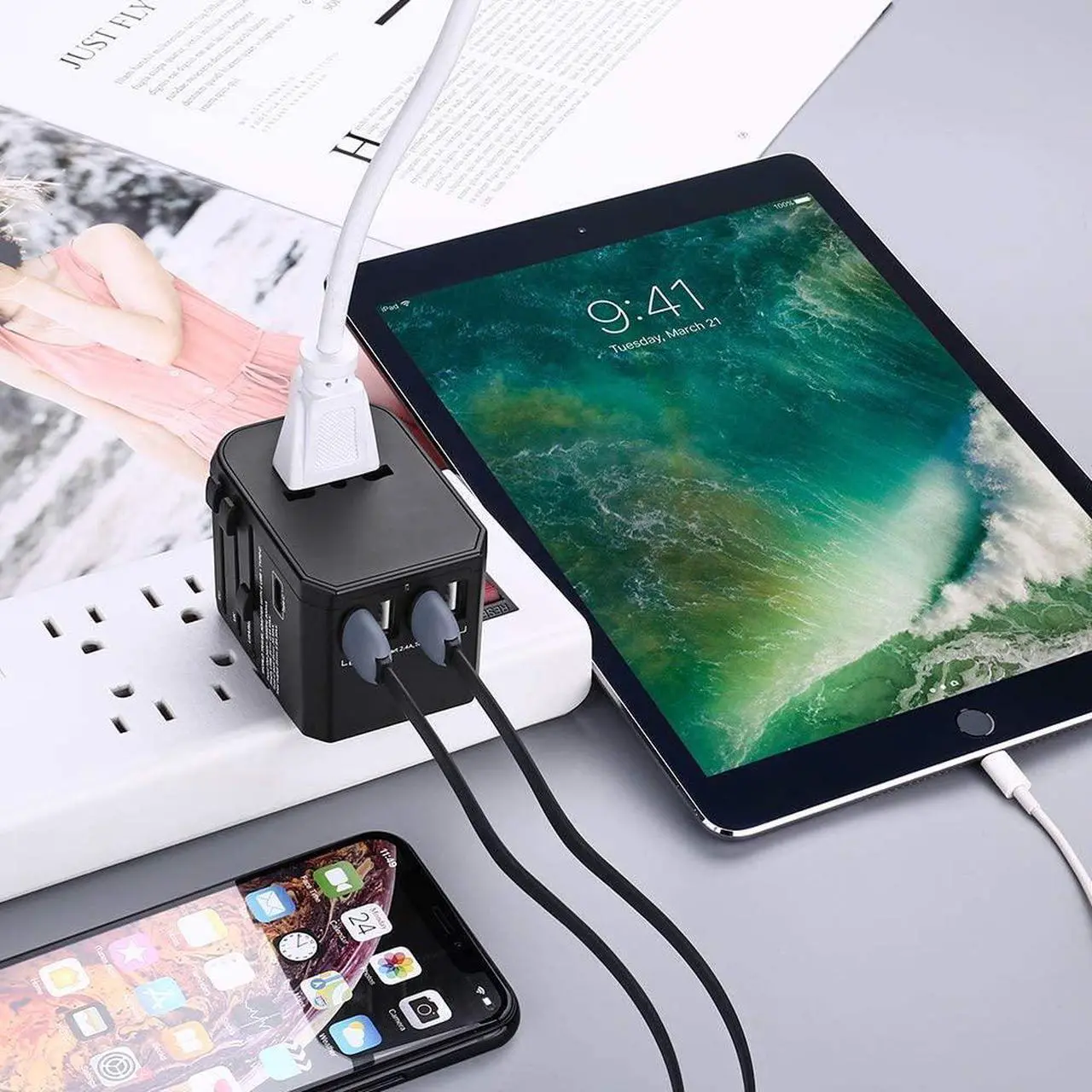 Alt view image 7 of 7 - Worldwide Travel Adapter, International Power Adapter with 4 USB Ports 1 Type C Port for Cell Phone, Laptop, Tablet, Universal All in One AC Outlet for US, EU, UK, AUS 150+ Countries, Black
