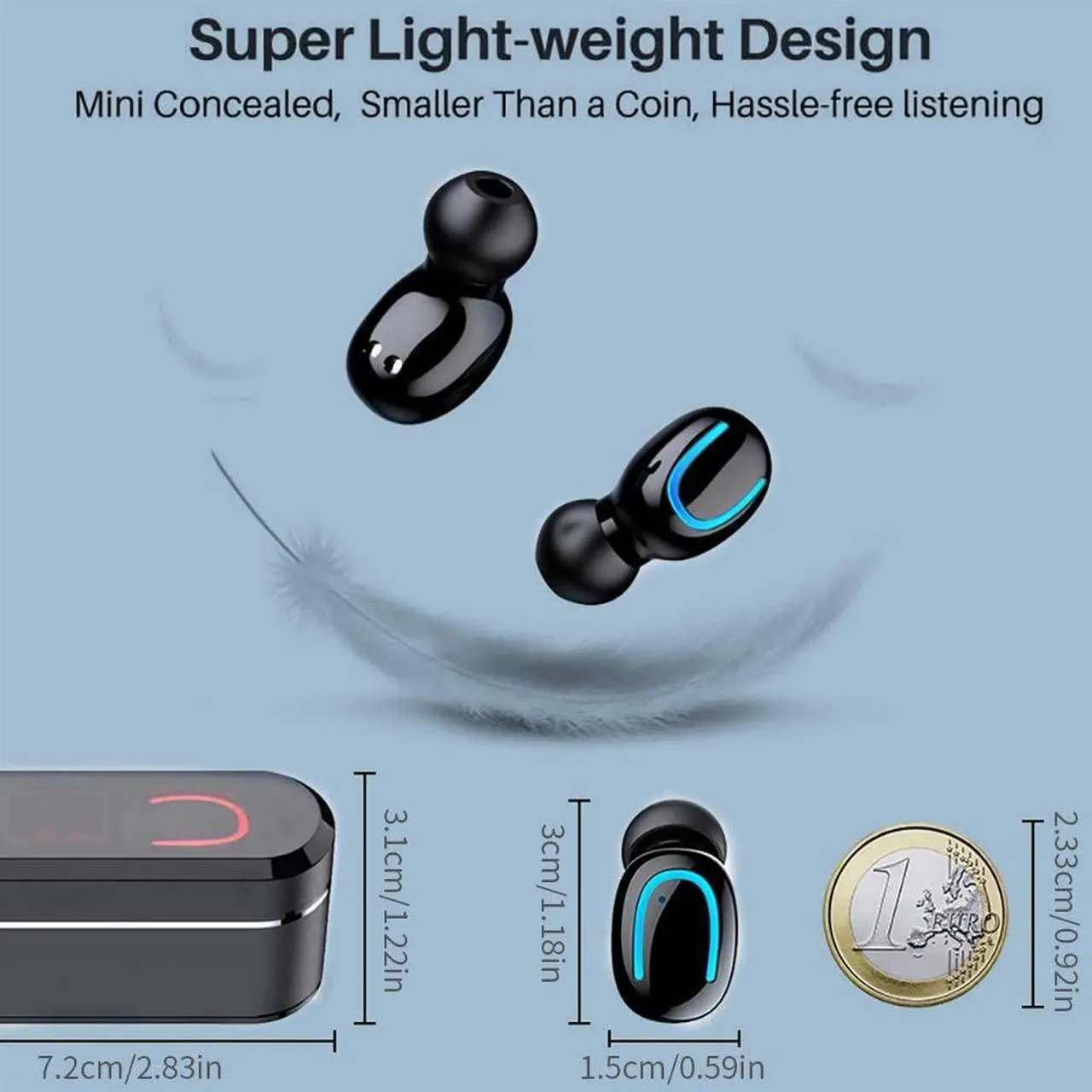 Alt view image 2 of 7 - Wireless Headphones, Ultra light mini True Wireless Earbuds with Deep Bass Sound TWS Stereo Built-in Mic IPX7 LED Display cVc 8.0 25H Playtimes Single Twin Mode Bluetooth 5.0 Headphone for Sport,Black