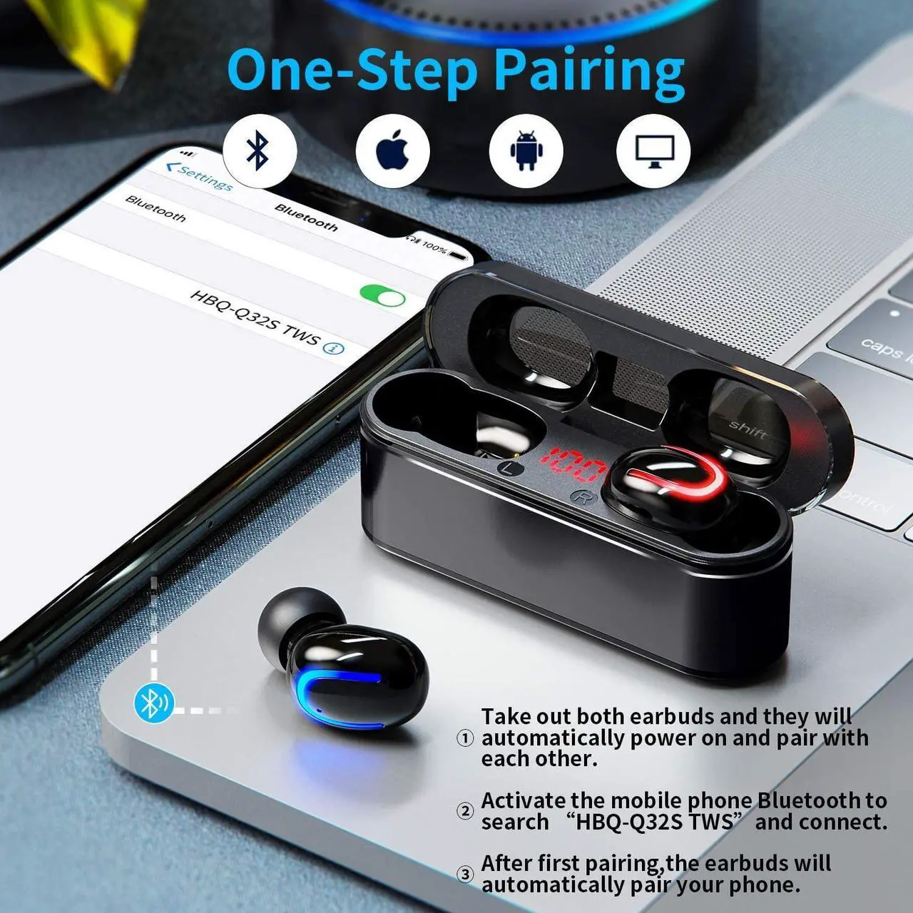 Alt view image 5 of 7 - Wireless Headphones, Ultra light mini True Wireless Earbuds with Deep Bass Sound TWS Stereo Built-in Mic IPX7 LED Display cVc 8.0 25H Playtimes Single Twin Mode Bluetooth 5.0 Headphone for Sport,Black