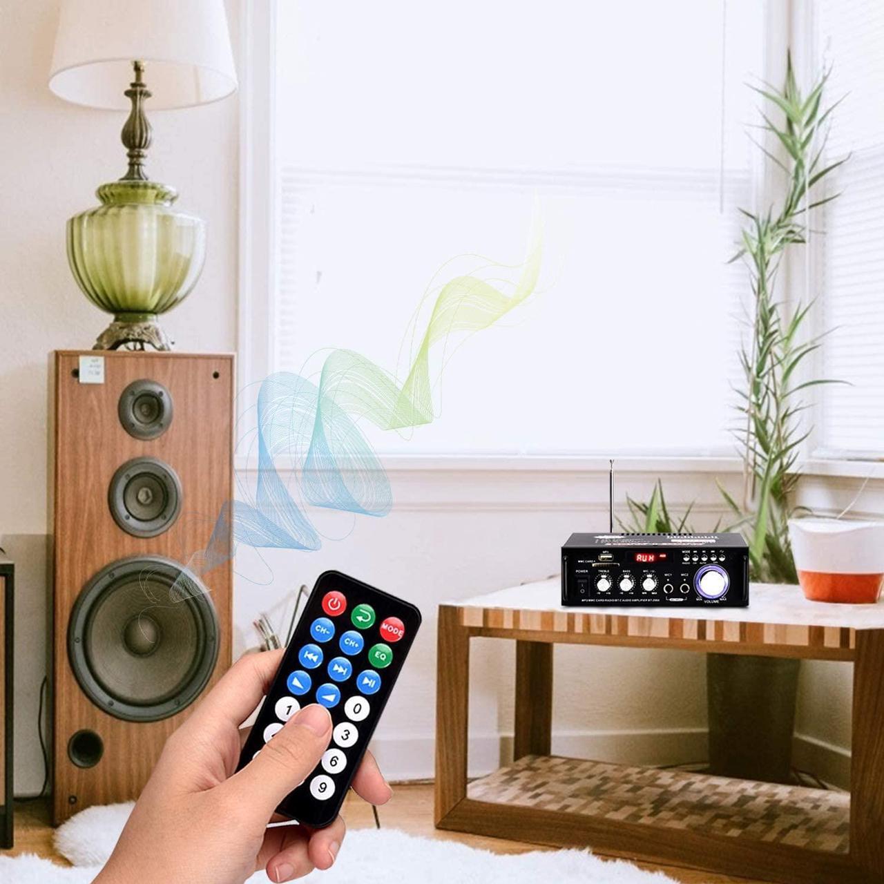 Alt view image 2 of 7 - Wireless Bluetooth 5.0 Stereo Audio Amplifier, 300W+300W Dual Channel Power Sound Receiver w/USB, SD Card, FM Radio for Home Speakers & Theater System with Remote Controller - US Plug