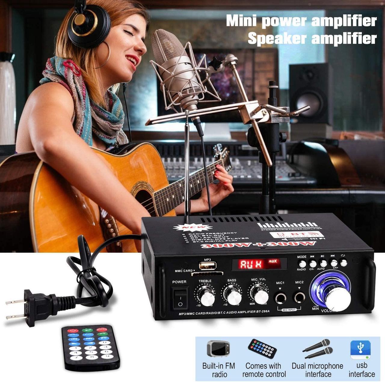 Alt view image 6 of 7 - Wireless Bluetooth 5.0 Stereo Audio Amplifier, 300W+300W Dual Channel Power Sound Receiver w/USB, SD Card, FM Radio for Home Speakers & Theater System with Remote Controller - US Plug