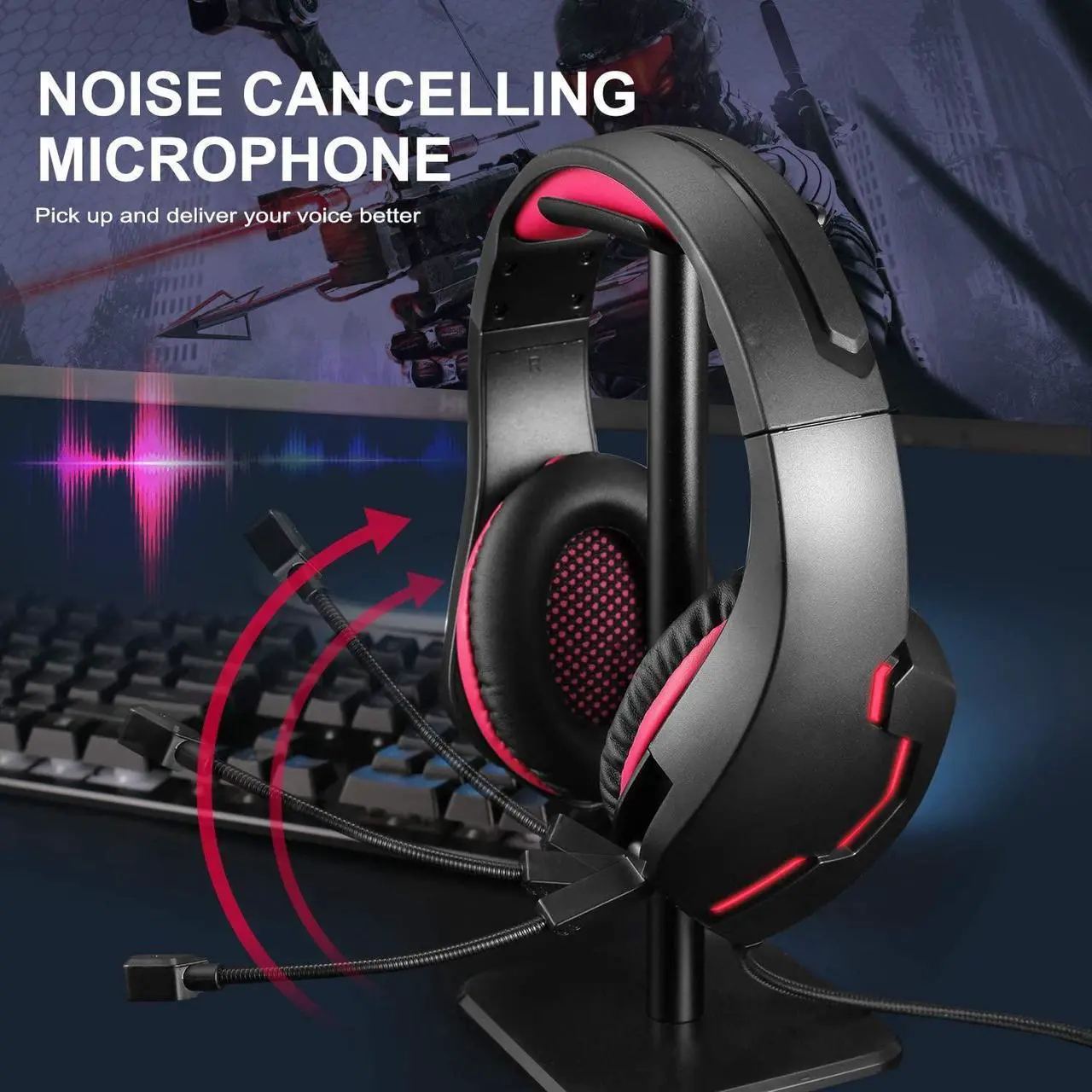 Alt view image 4 of 6 - PS4 Gaming Headset for Xbox One, PS5, PC, Over Ear Headphones with Noise-Cancelling Mic, J10 Wired Gaming Headset with Stereo Surround Sound, LED Light, Comfort Earmuff - Red