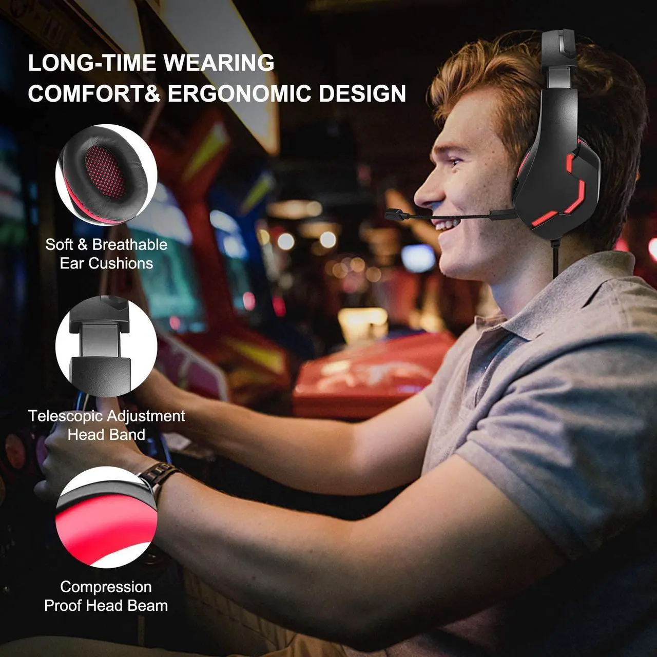 Alt view image 5 of 6 - PS4 Gaming Headset for Xbox One, PS5, PC, Over Ear Headphones with Noise-Cancelling Mic, J10 Wired Gaming Headset with Stereo Surround Sound, LED Light, Comfort Earmuff - Red