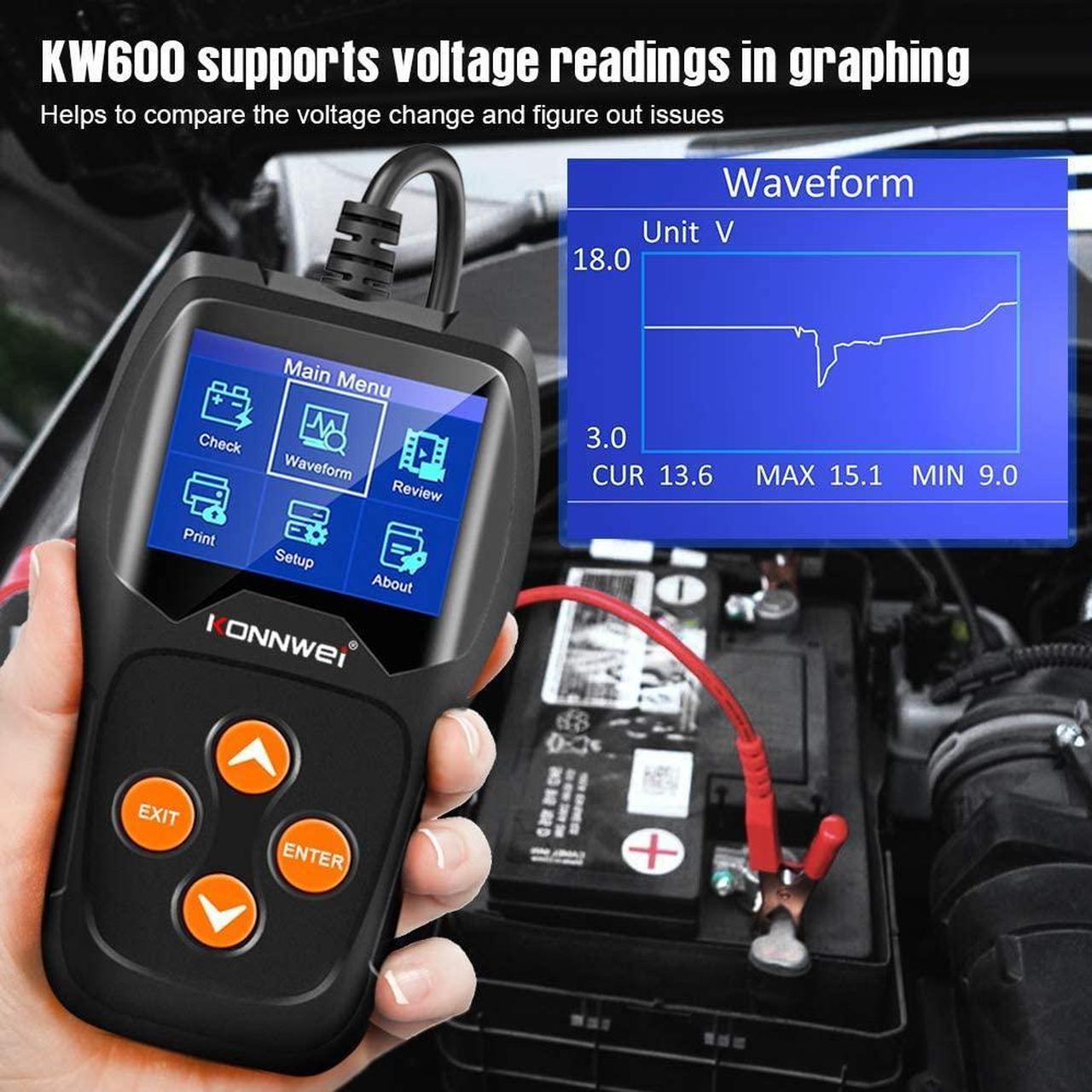Alt view image 4 of 7 - Car Battery Tester 12V Professional 100-2000 CCA Automotive Battery Load Analyzer and Alternator Tester Waveform Voltage Test for Car/Boat/Motorcycle