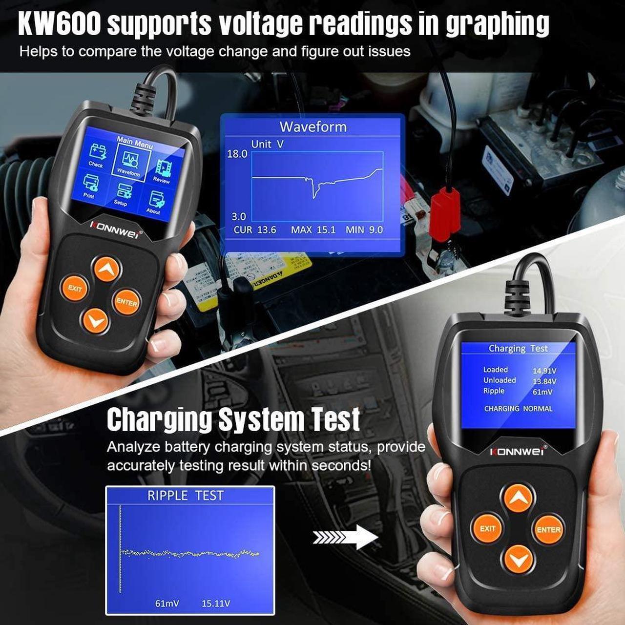Alt view image 7 of 7 - Car Battery Tester 12V Professional 100-2000 CCA Automotive Battery Load Analyzer and Alternator Tester Waveform Voltage Test for Car/Boat/Motorcycle