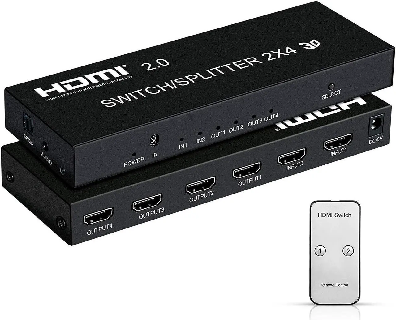 Main image of 4K @60Hz HDMI Switch Splitter 2 in 4 Out with Remote, 2x4 HDMI Splitter Switcher 4K with SPDIF & 3.5mm Audio, Support 4K, 3D, 1080p, HDCP2.2, HDR 10 for PS4, Xbox, Fire Stick, etc
