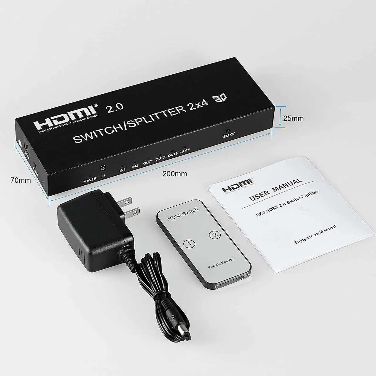Alt view image 7 of 7 - 4K @60Hz HDMI Switch Splitter 2 in 4 Out with Remote, 2x4 HDMI Splitter Switcher 4K with SPDIF & 3.5mm Audio, Support 4K, 3D, 1080p, HDCP2.2, HDR 10 for PS4, Xbox, Fire Stick, etc