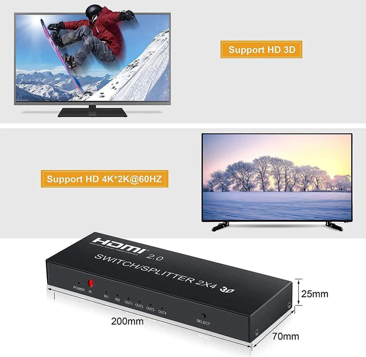 Alt view image 3 of 7 - 4K @60Hz HDMI Switch Splitter 2 in 4 Out with Remote, 2x4 HDMI Splitter Switcher 4K with SPDIF & 3.5mm Audio, Support 4K, 3D, 1080p, HDCP2.2, HDR 10 for PS4, Xbox, Fire Stick, etc