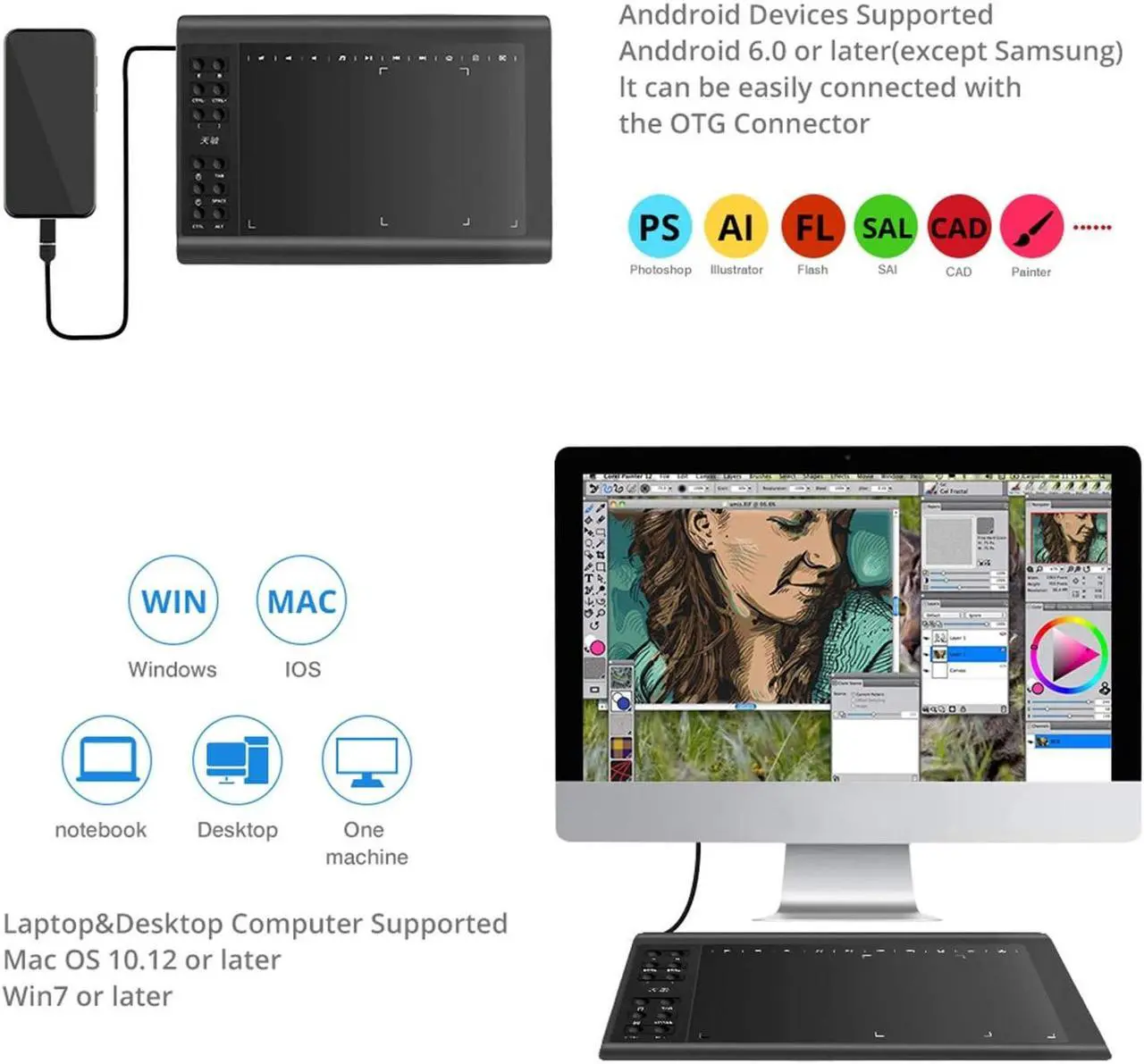 Alt view image 4 of 7 - 10moons 10x6 Inch Graphics Drawing Tablet Android Support with Battery-Free Stylus and 8192 Pressure Sensitivity for Digital Art Works, Drawing, Sketch, Design, Paint - Black