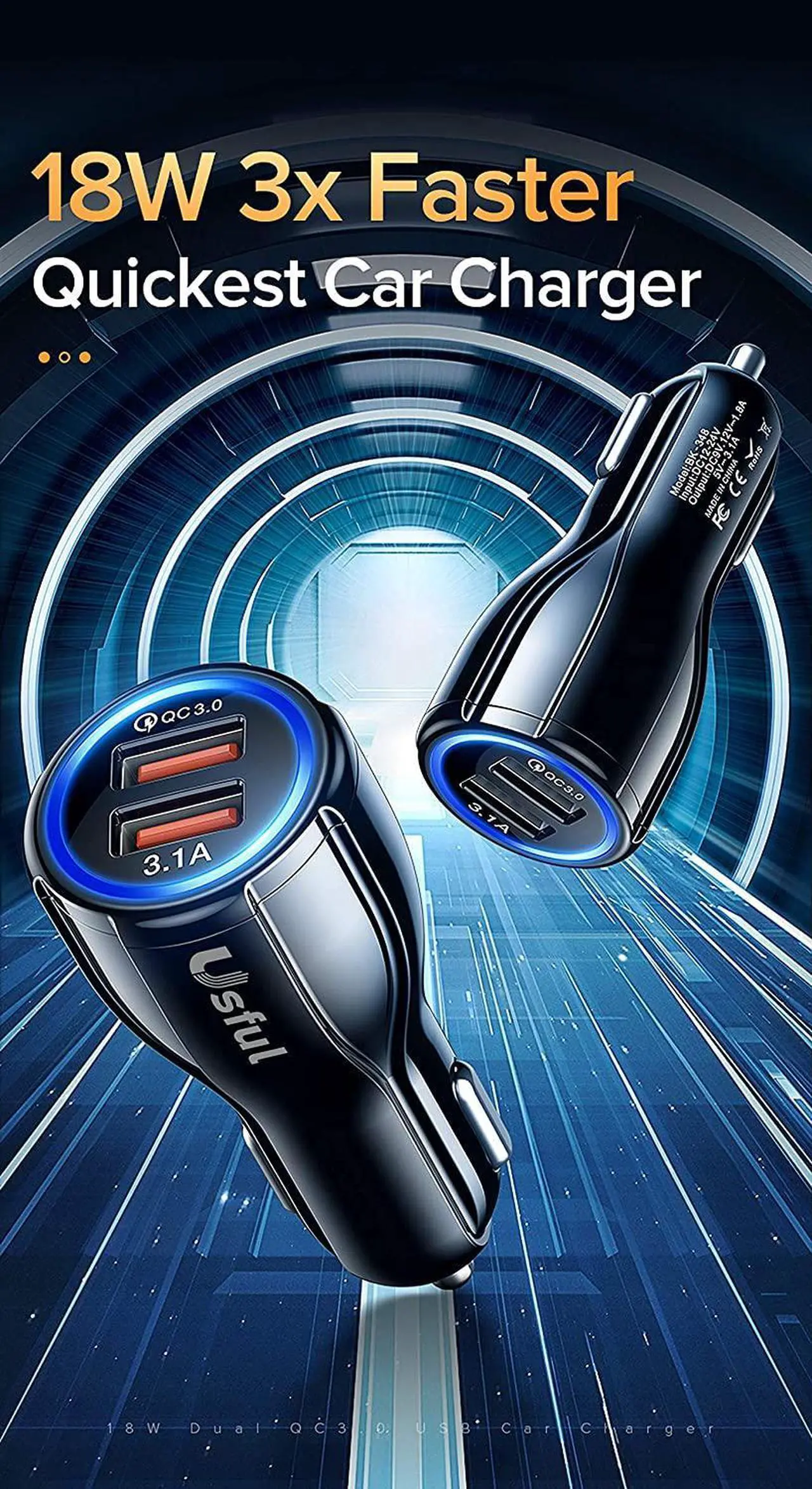 Alt view image 4 of 7 - Fast Charge USB Car Charger, Dual Port USB 3.0 Mini Car Phone Charger, 30W/ 5A Fast Charging Cigarette Lighter Adapter,Compatiible with iPhone, Samsung and Android phones