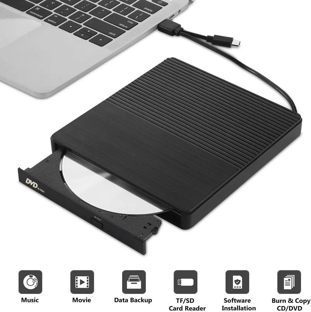 Alt view image 3 of 7 - External CD DVD Drive, USB 3.0 & Type-C CD-RW DVD-R Combo DVD Burner with SD/TF Slot, 2x USB 2.0 Port CD/DVD Drive for PC Laptop Computer Mac Windows 10/8/7