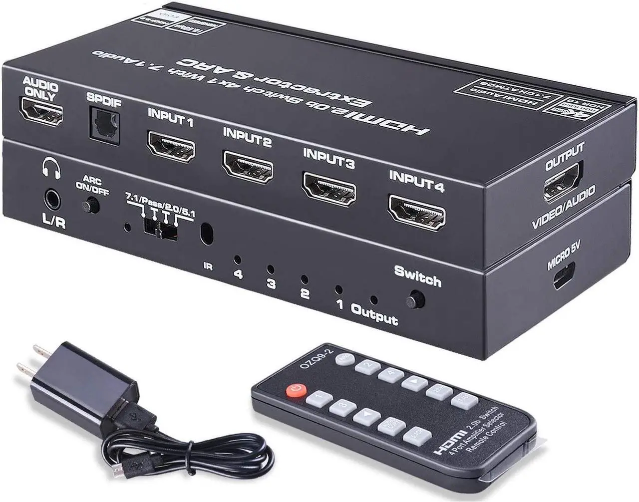 Main image of 4 Port HDMI 2.0 Switch - 4x1 HDMI Switcher Selector with 7.1 Audio Extractor Optical SPDIF + L/R 3.5mm Audio Out Include IR Remote Support ARC 4K @60HZ HDCP 2.2 3D for PS4/ Roku/Xbox One