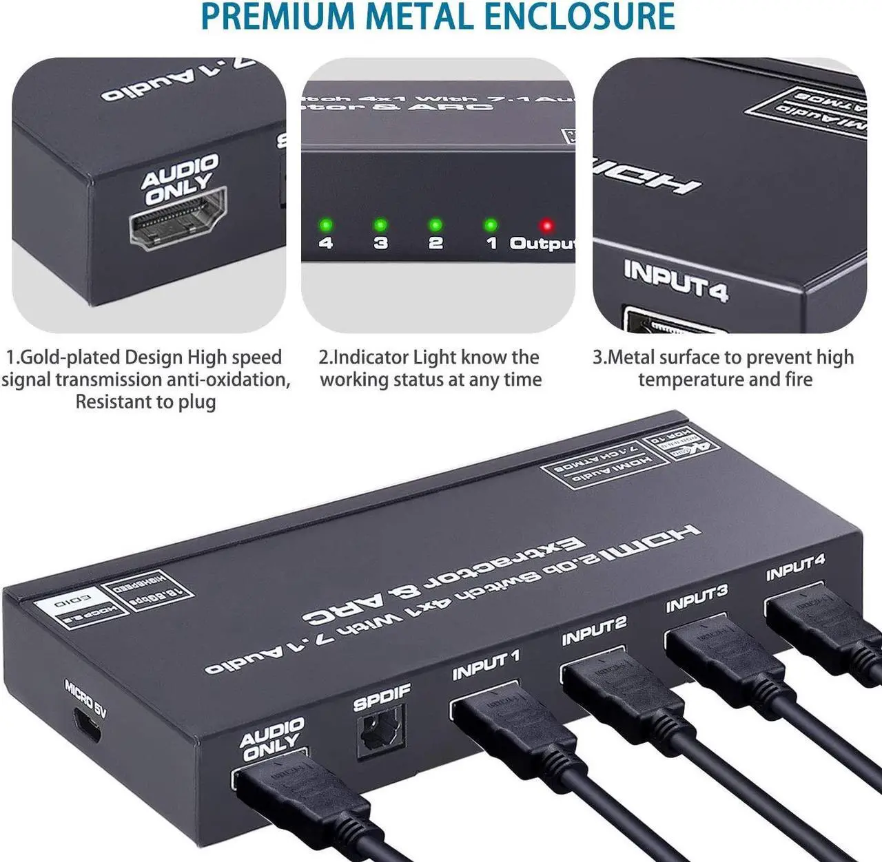 Alt view image 5 of 6 - 4 Port HDMI 2.0 Switch - 4x1 HDMI Switcher Selector with 7.1 Audio Extractor Optical SPDIF + L/R 3.5mm Audio Out Include IR Remote Support ARC 4K @60HZ HDCP 2.2 3D for PS4/ Roku/Xbox One
