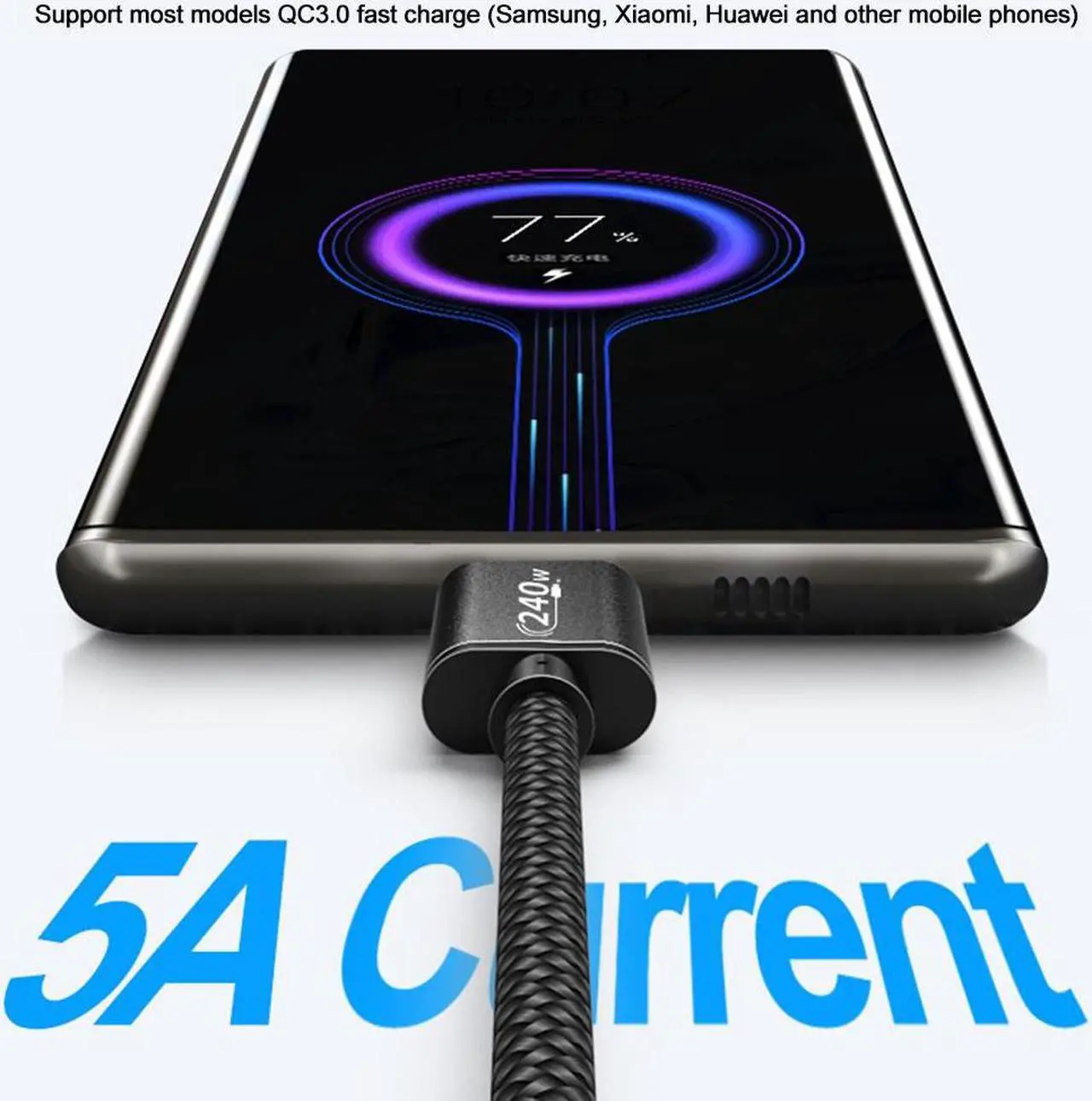 Alt view image 3 of 7 - 240W PD3.1 Rapid Charge USB C to USB C Cable 3.3ft/1M, Nylon Braided Type C Data Cable 48V 5A 240W Tipo C Cord Charging Cable for Samsung S21 S20+ Note 10 iPad Pro MacBook Pro Google Pixel and more