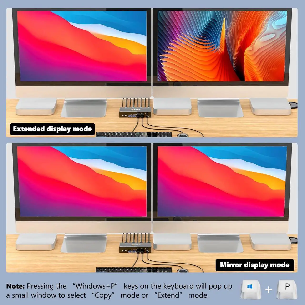 Alt view image 4 of 7 - USB 3.0 Displayport KVM Switch 3 PC 2 Monitors 4K@144Hz 8K@30Hz, Dual Monitor KVM Switch 3 in 2 Out with DisplayPort 1.4 and 4 USB 3.0 Ports for 2 PC/Laptops, with DP+USB Cable and Desktop Controller